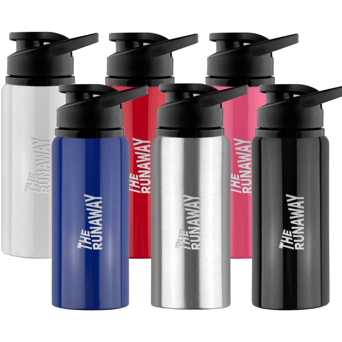 A drink bottle collection featuring black, blue, red, pink, and silver designs, each with a logo.