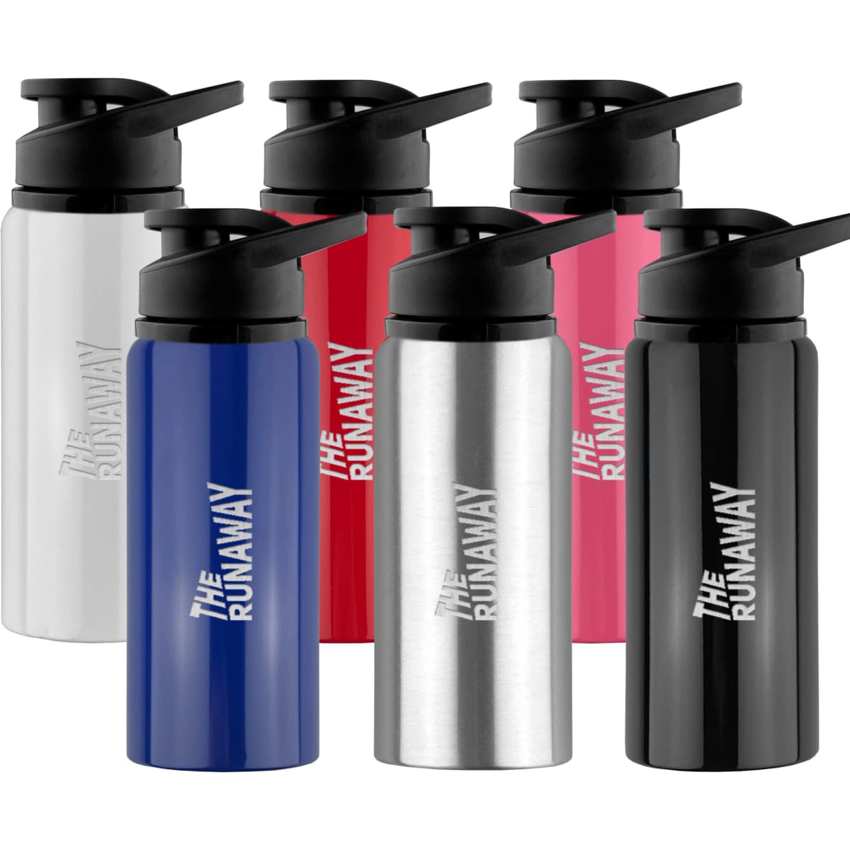 A drink bottle available in blue, silver, black, red, and pink, featuring a screw-on cap and a logo.