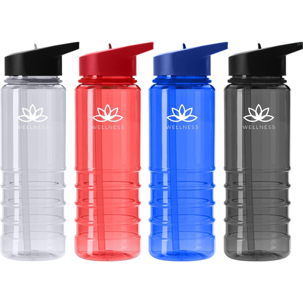 A drink bottle set featuring clear, red, blue, and black bottles with a logo on each. Ideal for hydration.