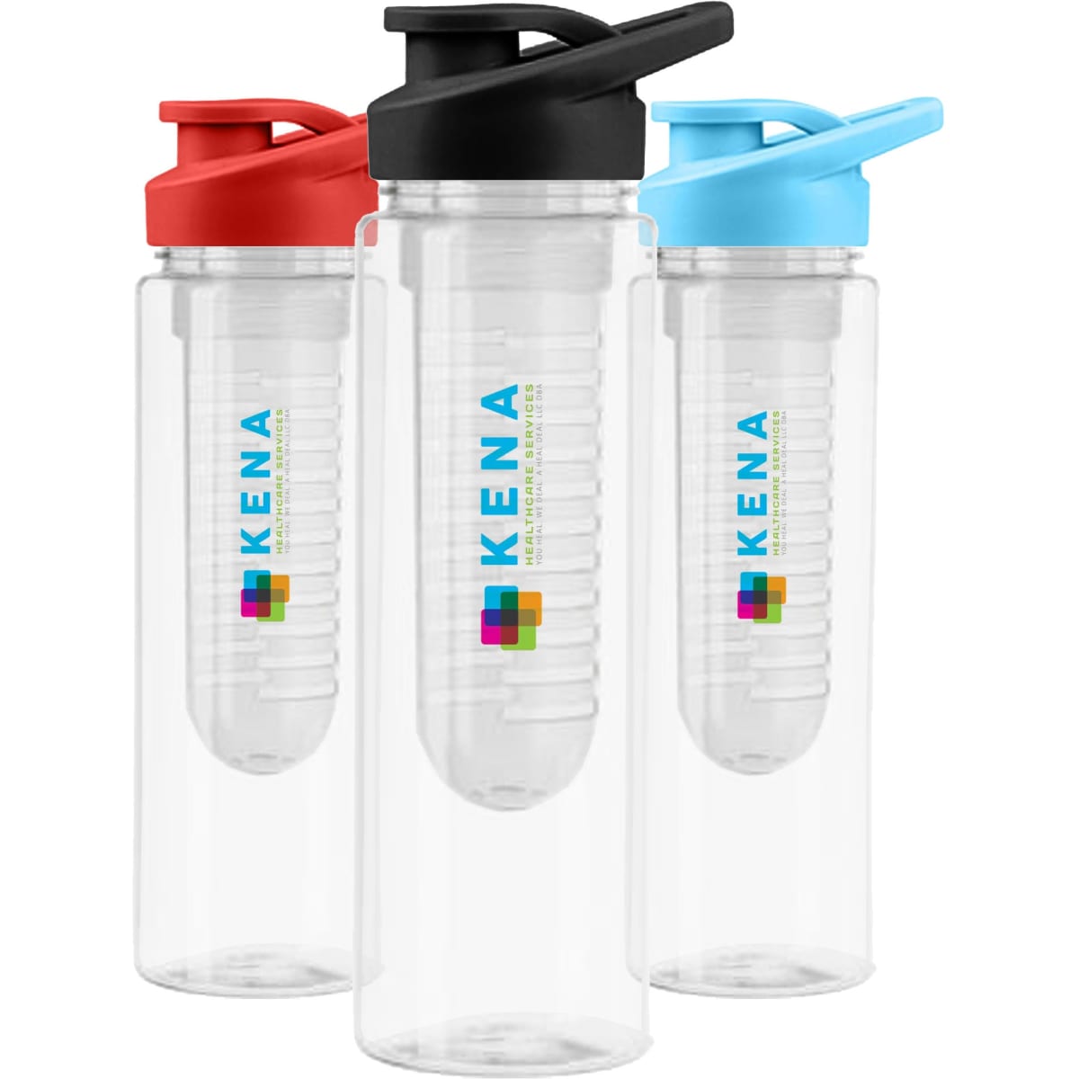 A drink bottle set featuring a clear design with red, black, and blue lids and a logo on the front.