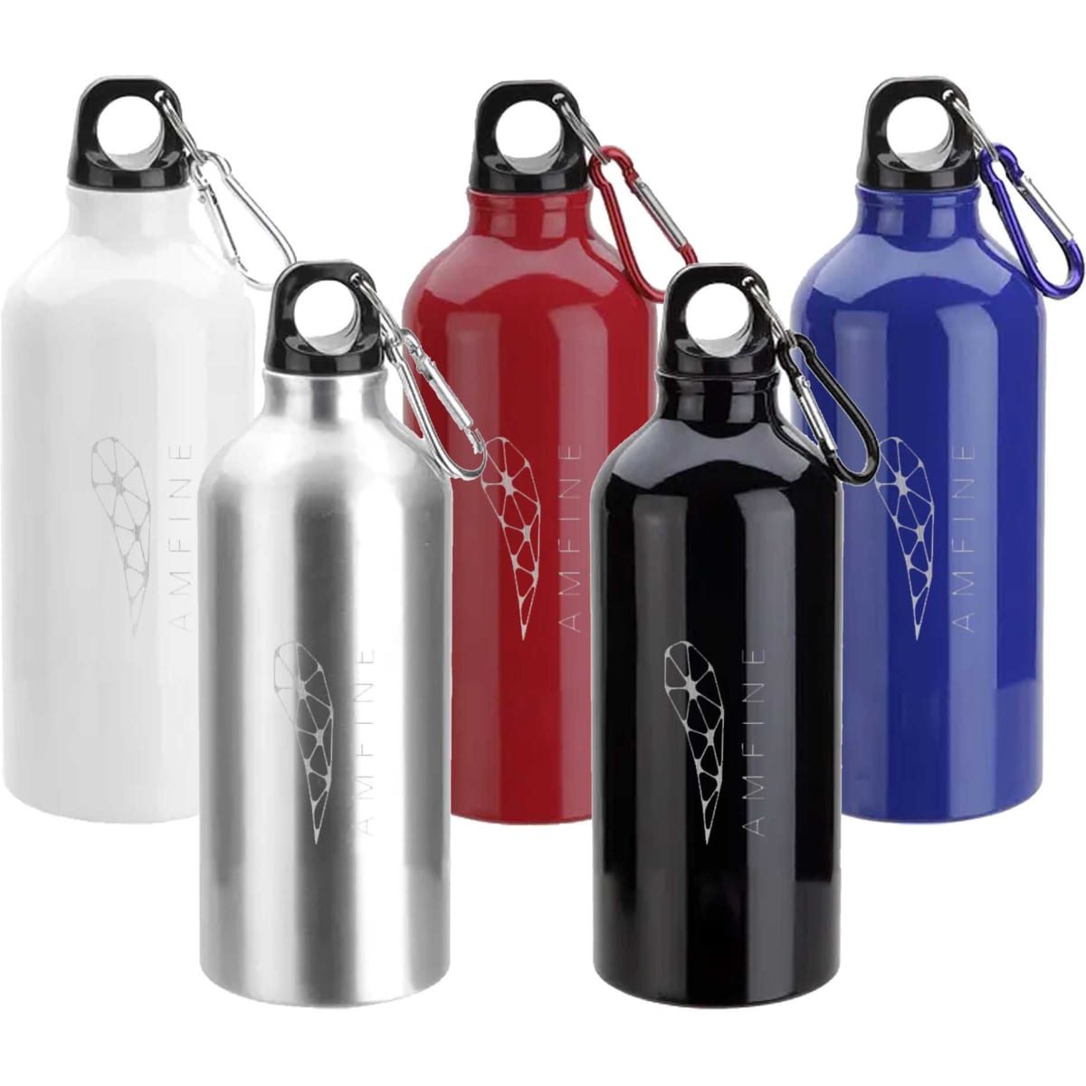 A drink bottle set featuring metallic silver, white, red, black, and blue options with a logo on each.