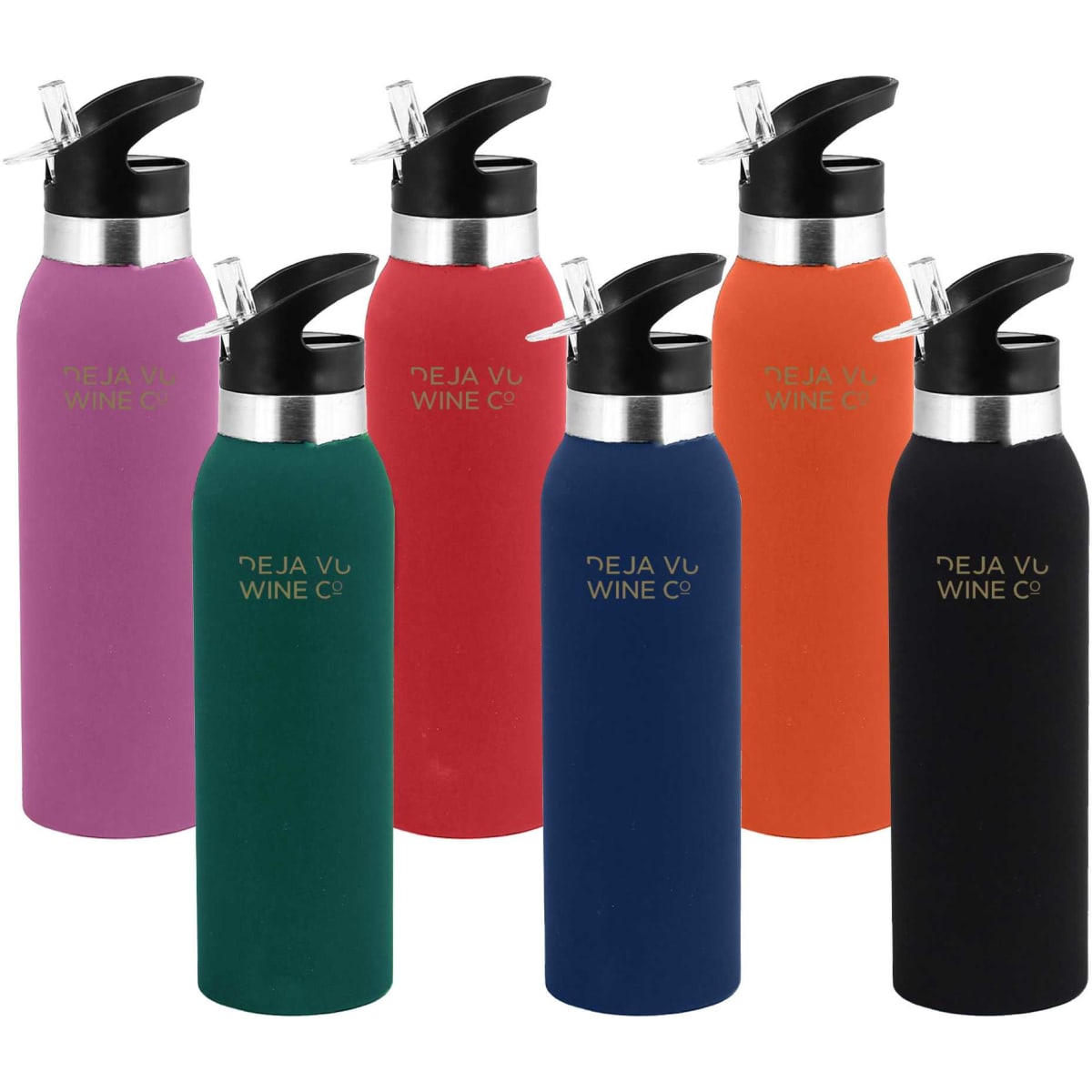 A drink bottle collection featuring six bottles in various colours: green, blue, orange, black, and two shades of pink. Each has a logo.
