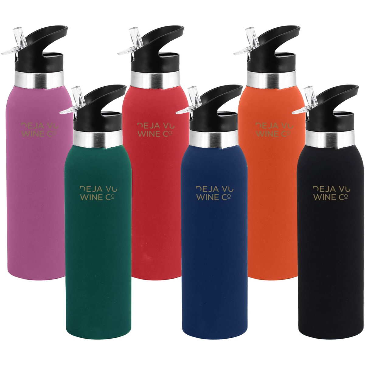 A drink bottle collection featuring six bottles in purple, green, red, navy, orange, and black, each with a spout and logo.
