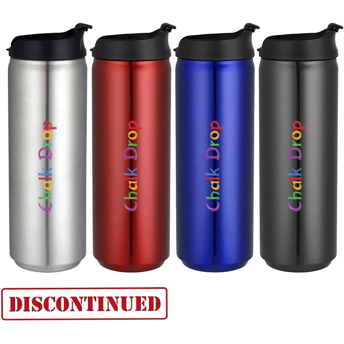 A drink bottle collection in silver, red, blue, and black, each featuring a logo and a black lid.