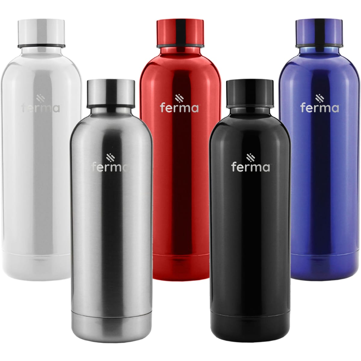A drink bottle collection featuring white, silver, red, black, and blue bottles, each with a logo.