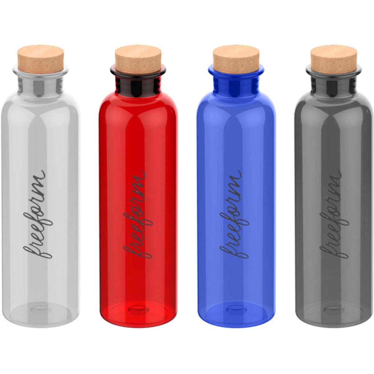 A drink bottle set featuring transparent, red, blue, and black designs, each with a wooden cork lid and a logo.