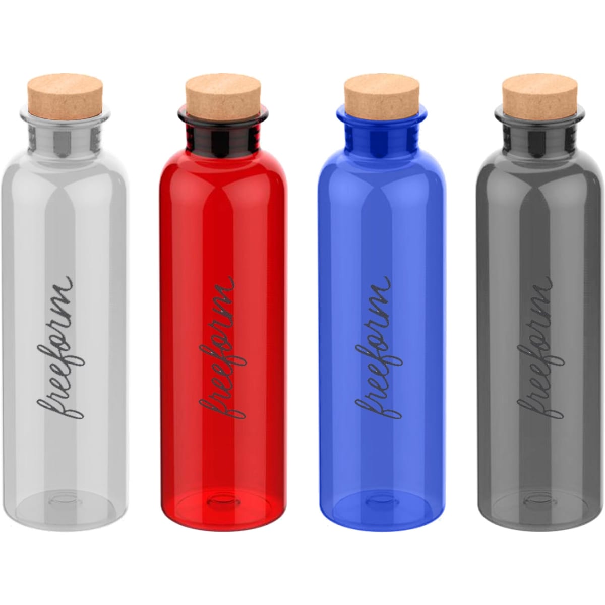A drink bottle collection featuring clear, red, blue, and black options, each with a cork lid and a logo.