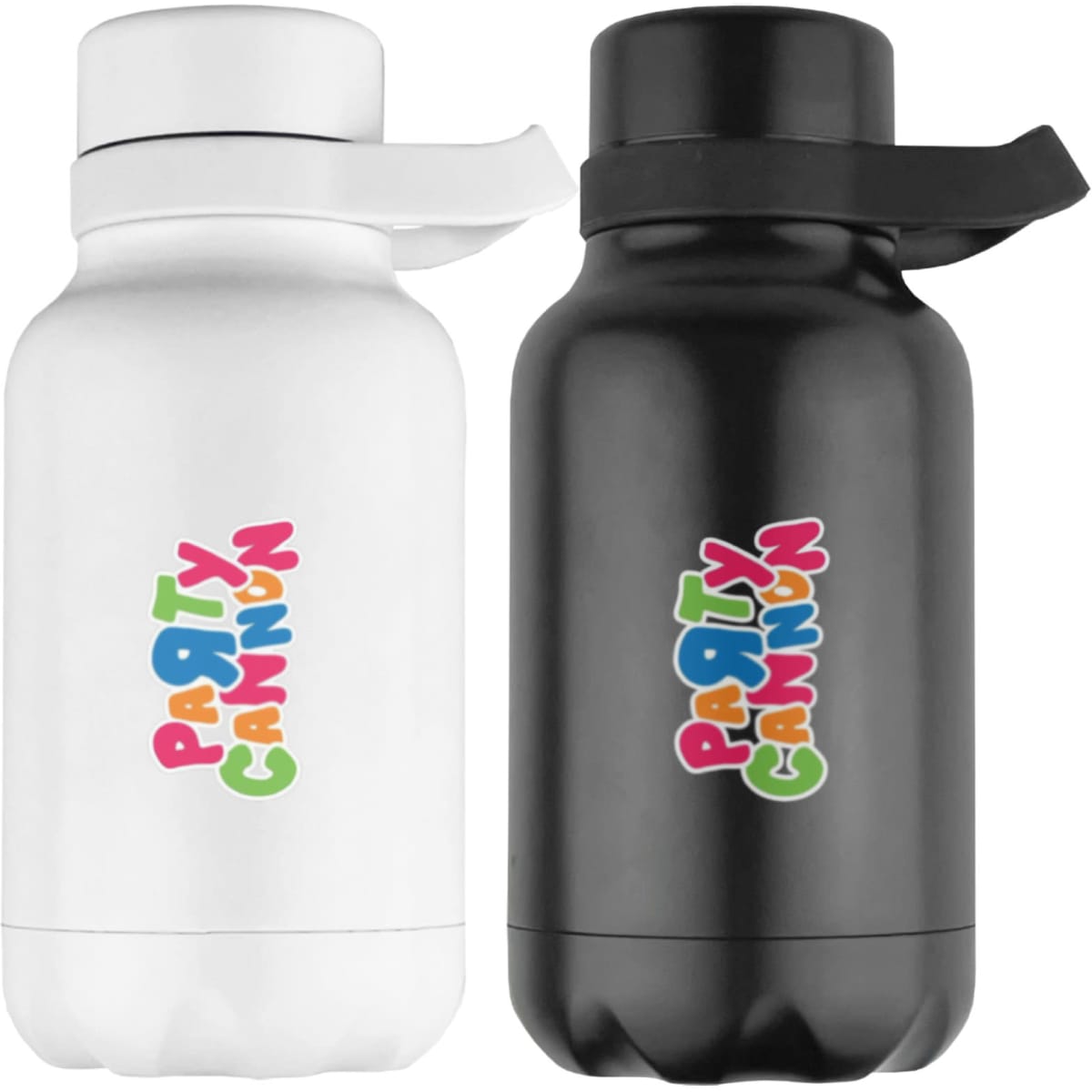 A drink bottle set featuring a white and a black vacuum-sealed design, each with a logo. Both are 380ml.