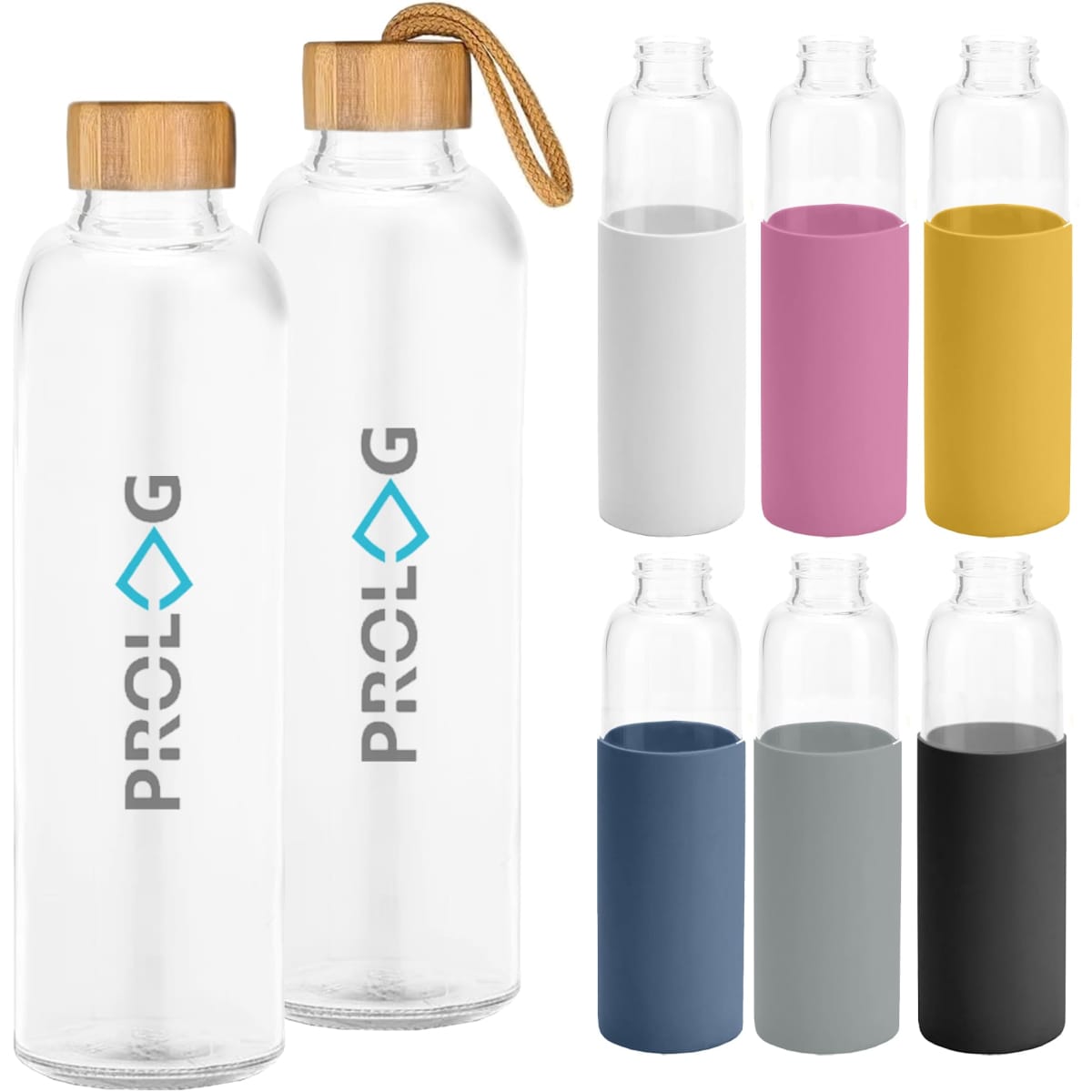 A drink bottle made of glass with a bamboo lid, available with various coloured sleeves and featuring a logo.