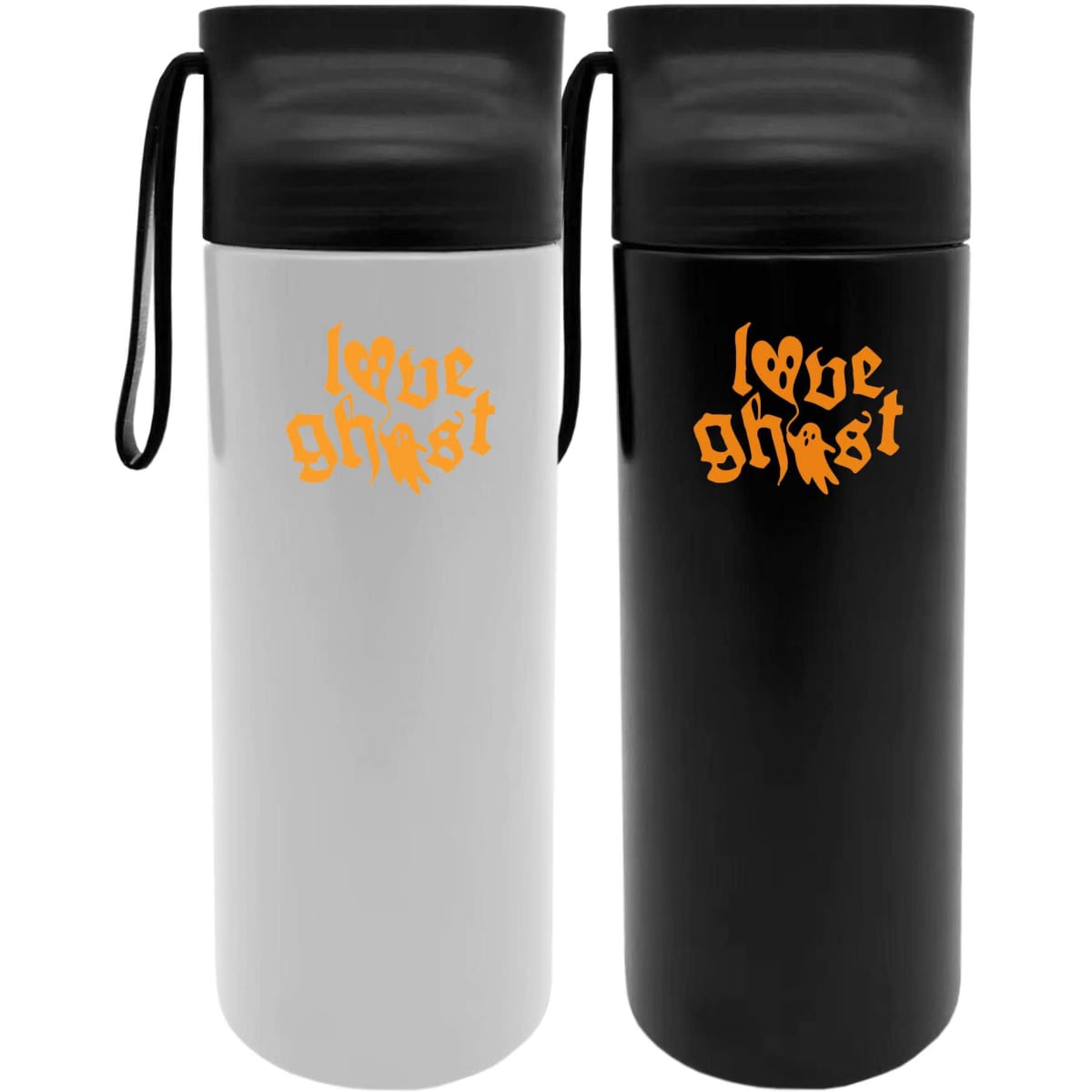 A drink bottle set featuring one white and one black bottle, each with a logo on the front.