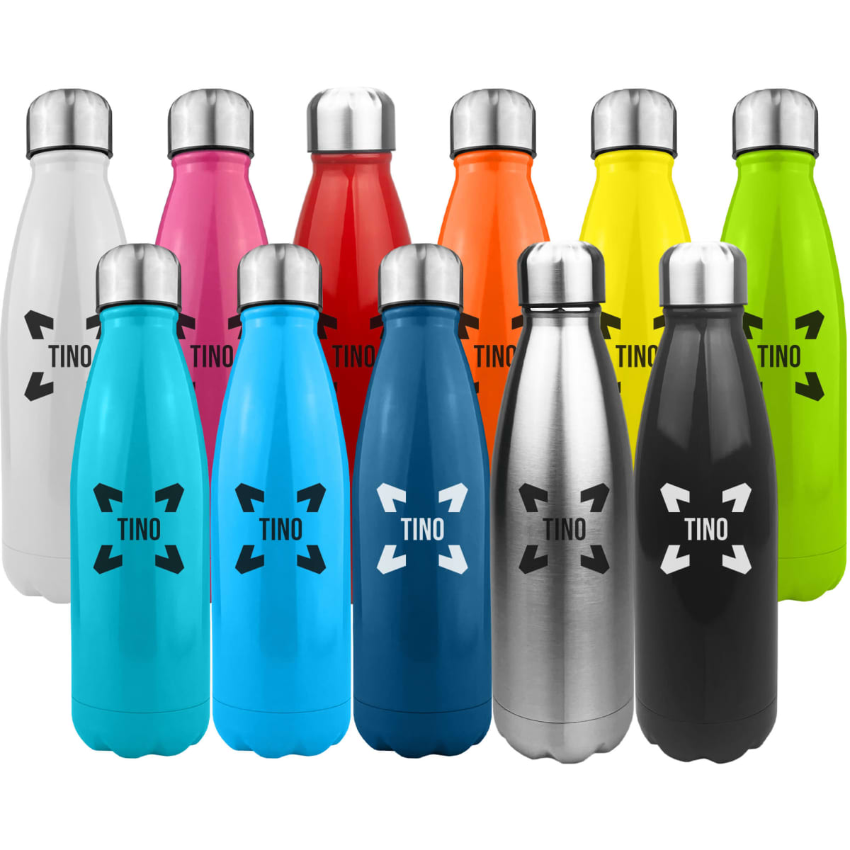 A drink bottle collection featuring shiny stainless steel designs in various vibrant colours with logos on each bottle.