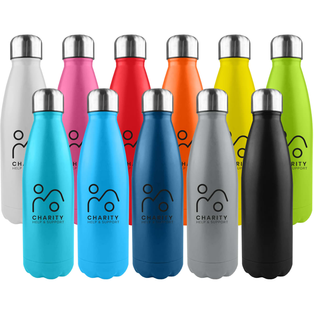 A drink bottle collection featuring shiny stainless steel designs in various colours including blue, pink, orange, yellow, green, black, and silver.