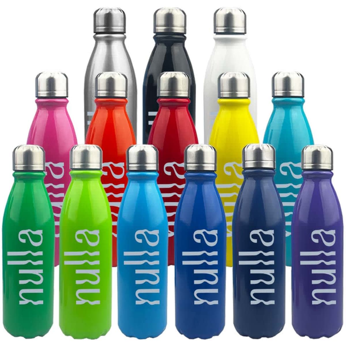 A collection of multi-coloured aluminium drink bottles with stainless steel caps, featuring a logo.