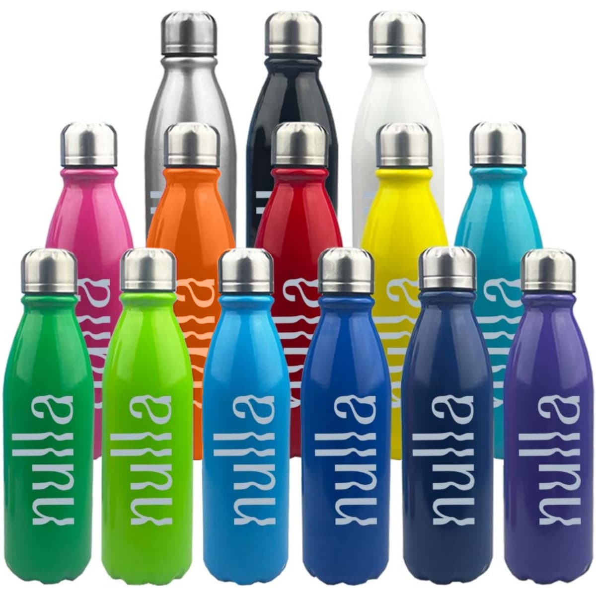 A drink bottle collection featuring various colours, including pink, green, blue, yellow, and white, with a logo on each.