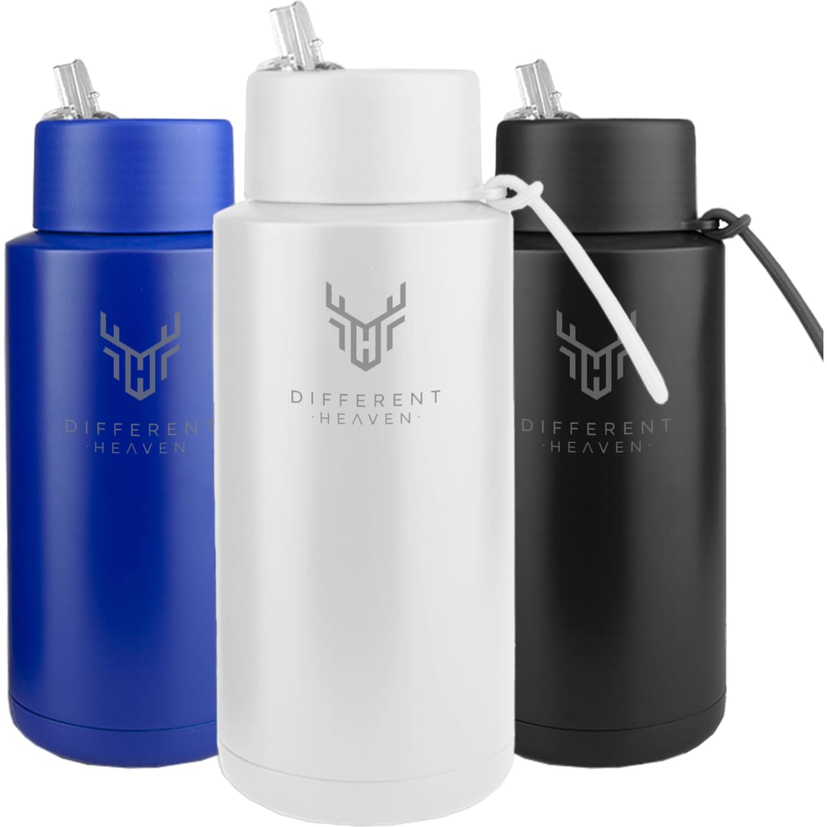 A drink bottle trio featuring blue, white, and black colours, each with a logo and a straw lid.