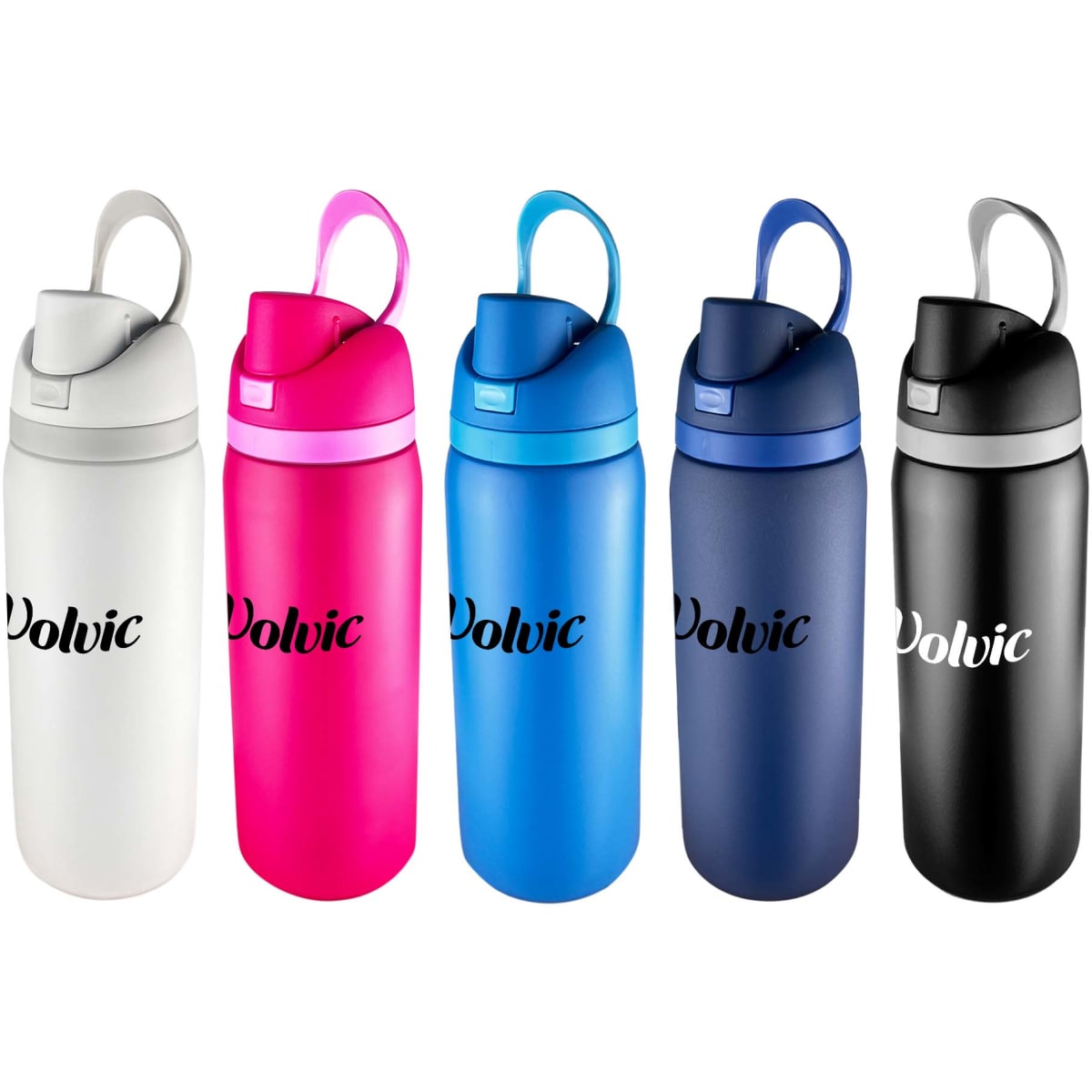 A drink bottle collection featuring white, pink, blue, navy, and black options, each with a carry handle and logo.