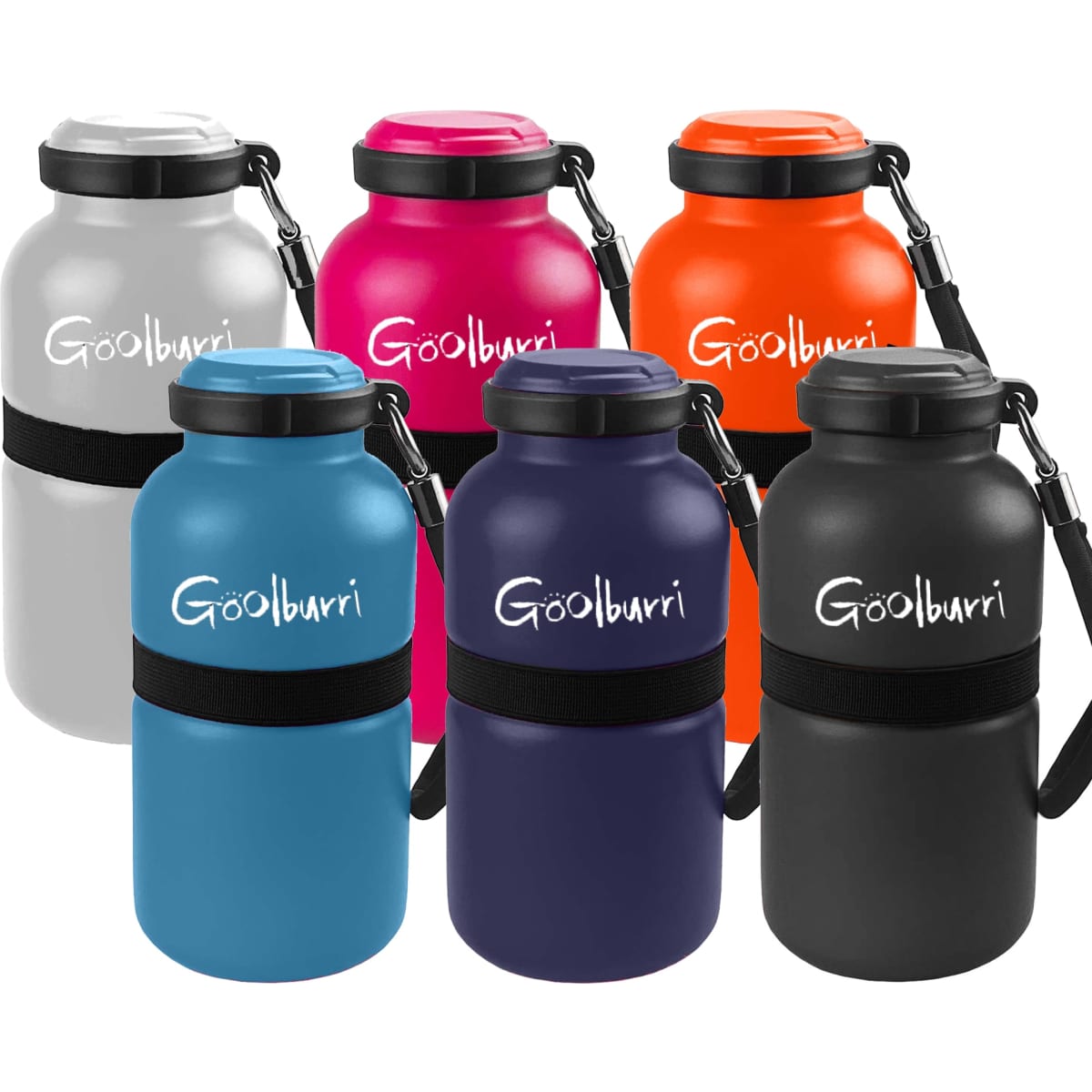 A drink bottle collection featuring six vacuum flasks in grey, orange, pink, blue, purple, and black, each with a logo.