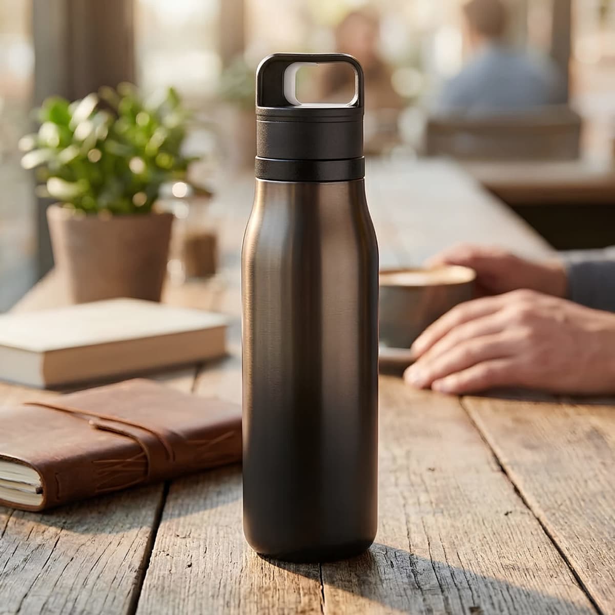 A drink bottle in a sleek black finish with a handle, set on a wooden table surrounded by greenery and notebooks.