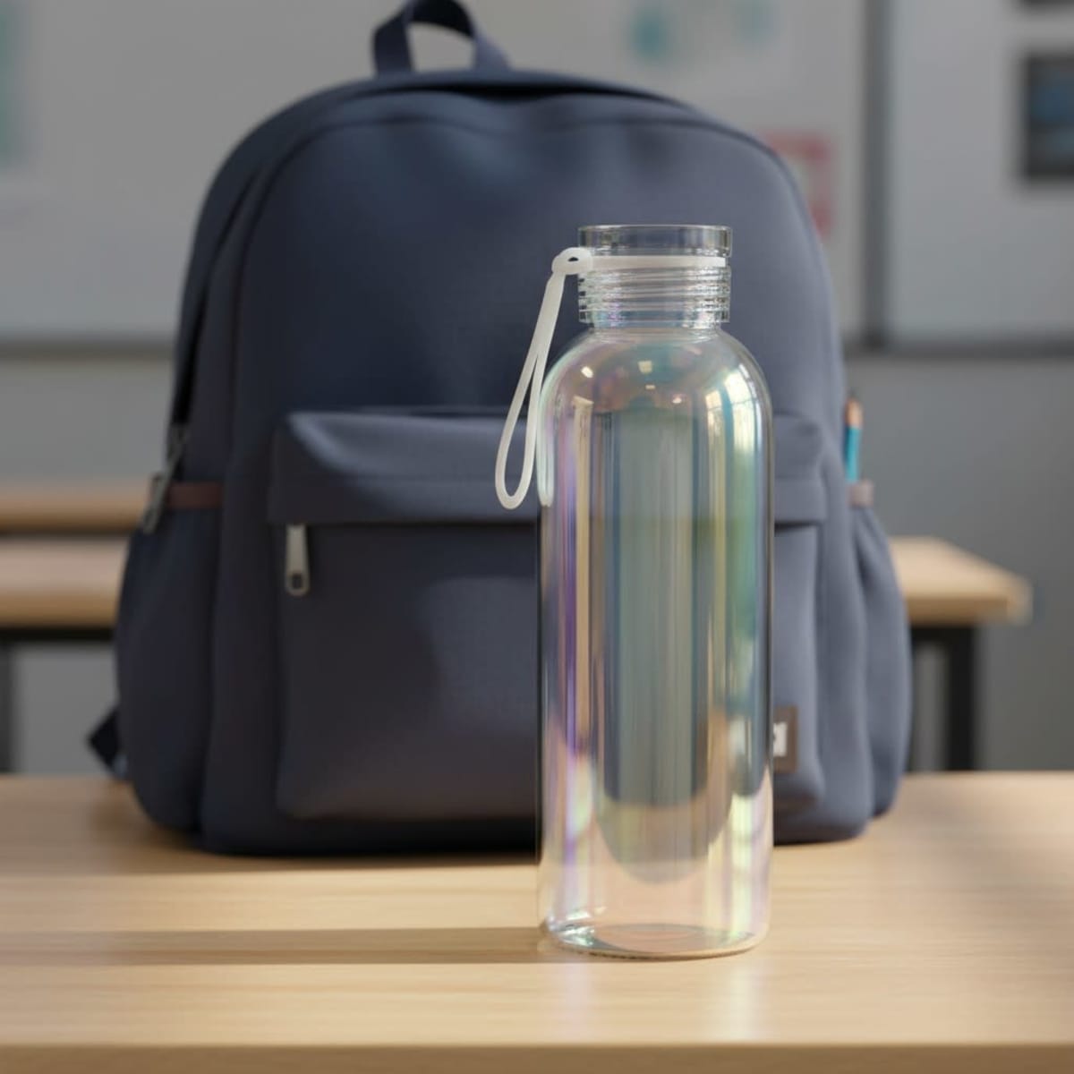 A drink bottle in iridescent glass with a white strap, placed on a table in a classroom setting.