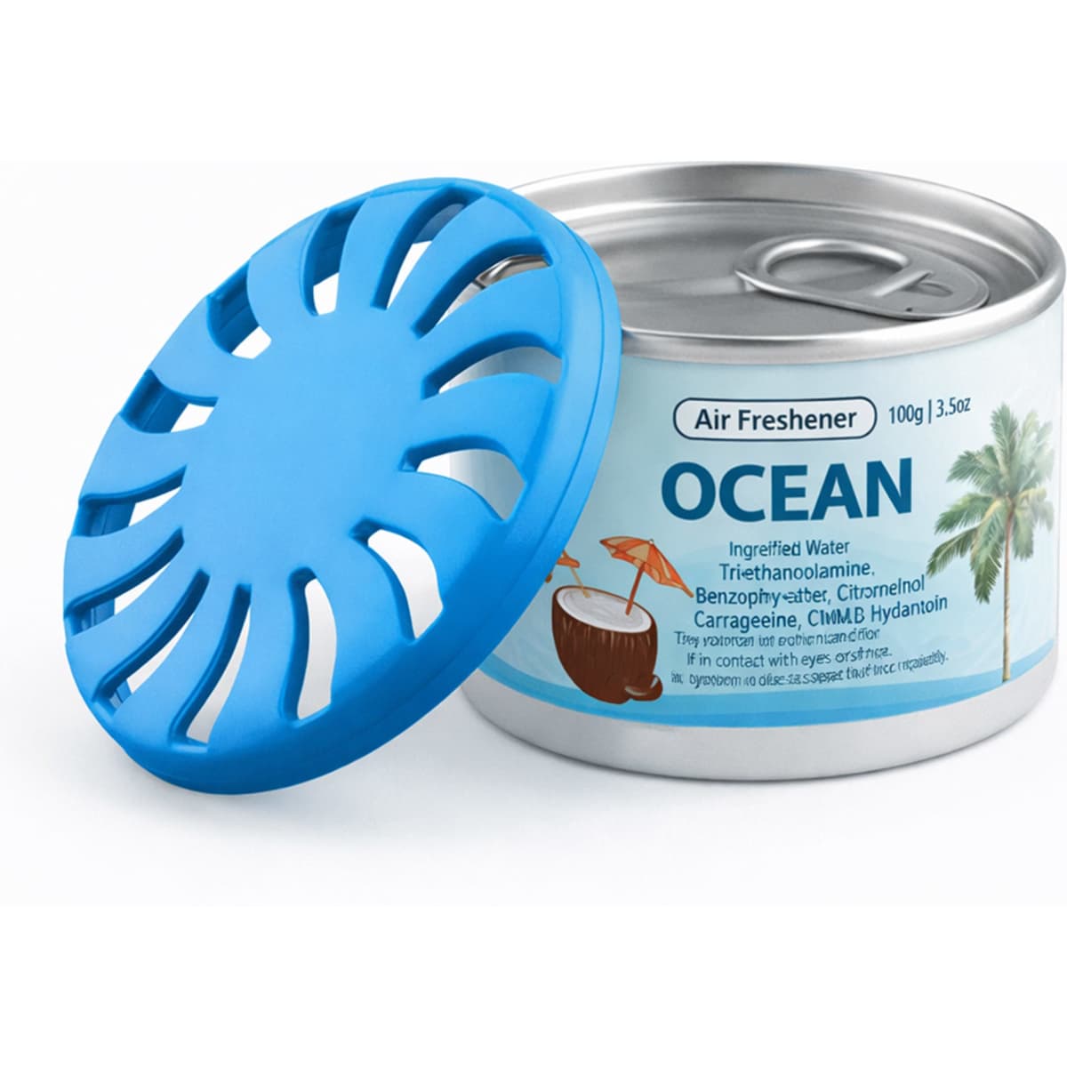 A blue air freshener can with a lid, labelled "Ocean," containing 100g of scented product.