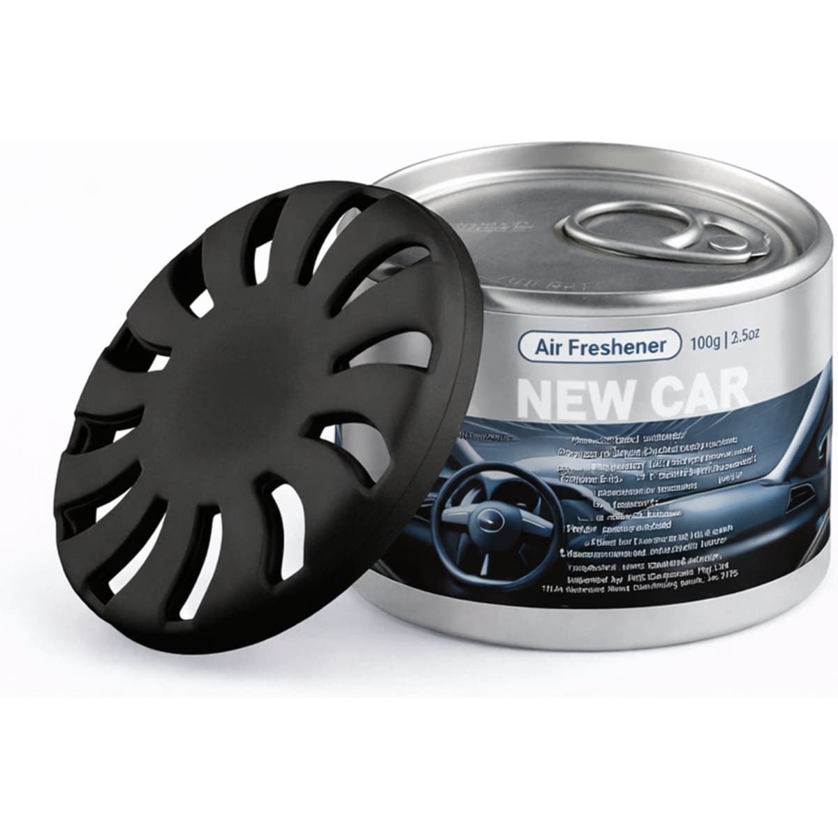 A silver tin of air freshener with a black lid, designed to emit a ‘new car’ scent.