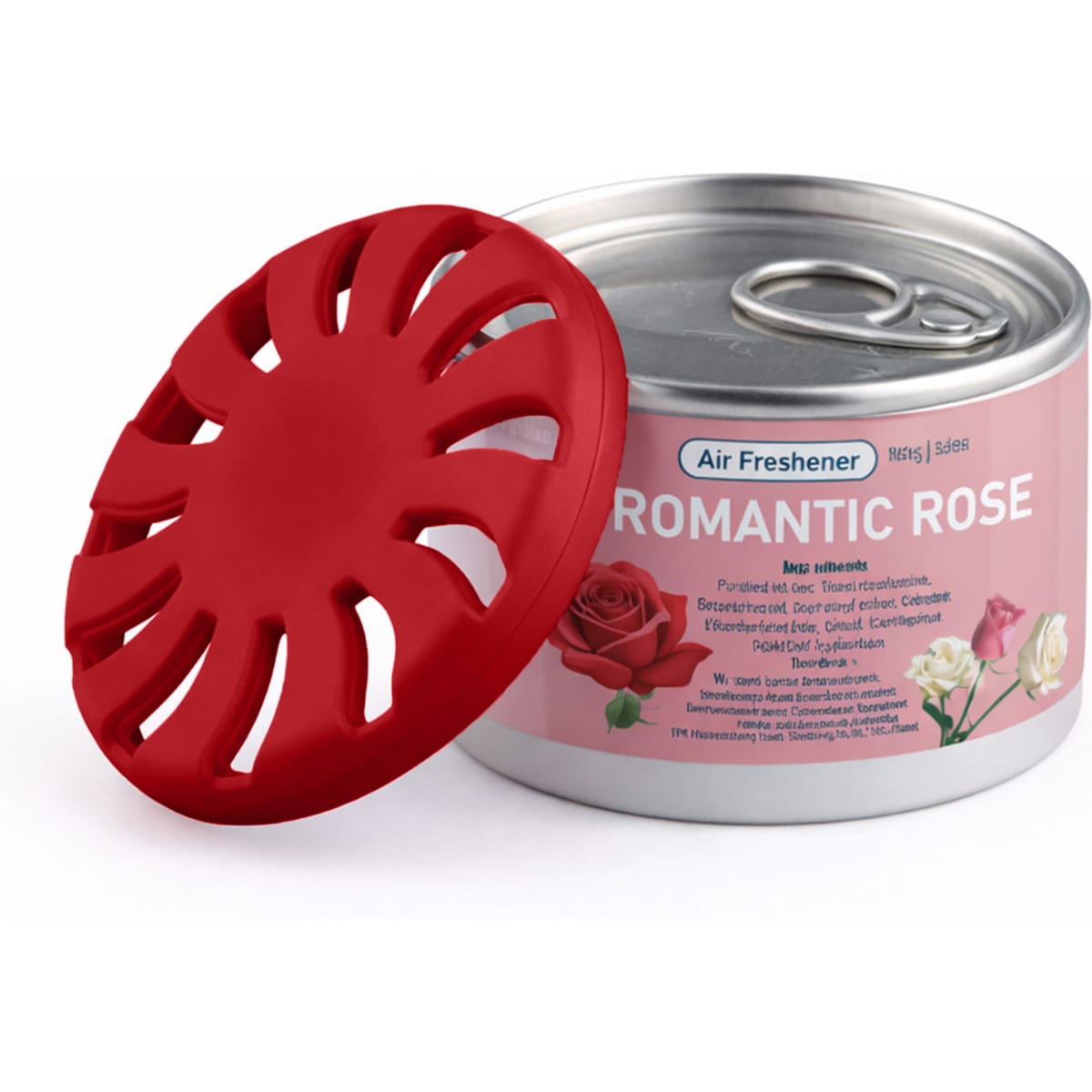 A can of air freshener in a pink design with a red vented lid, featuring a rose illustration.