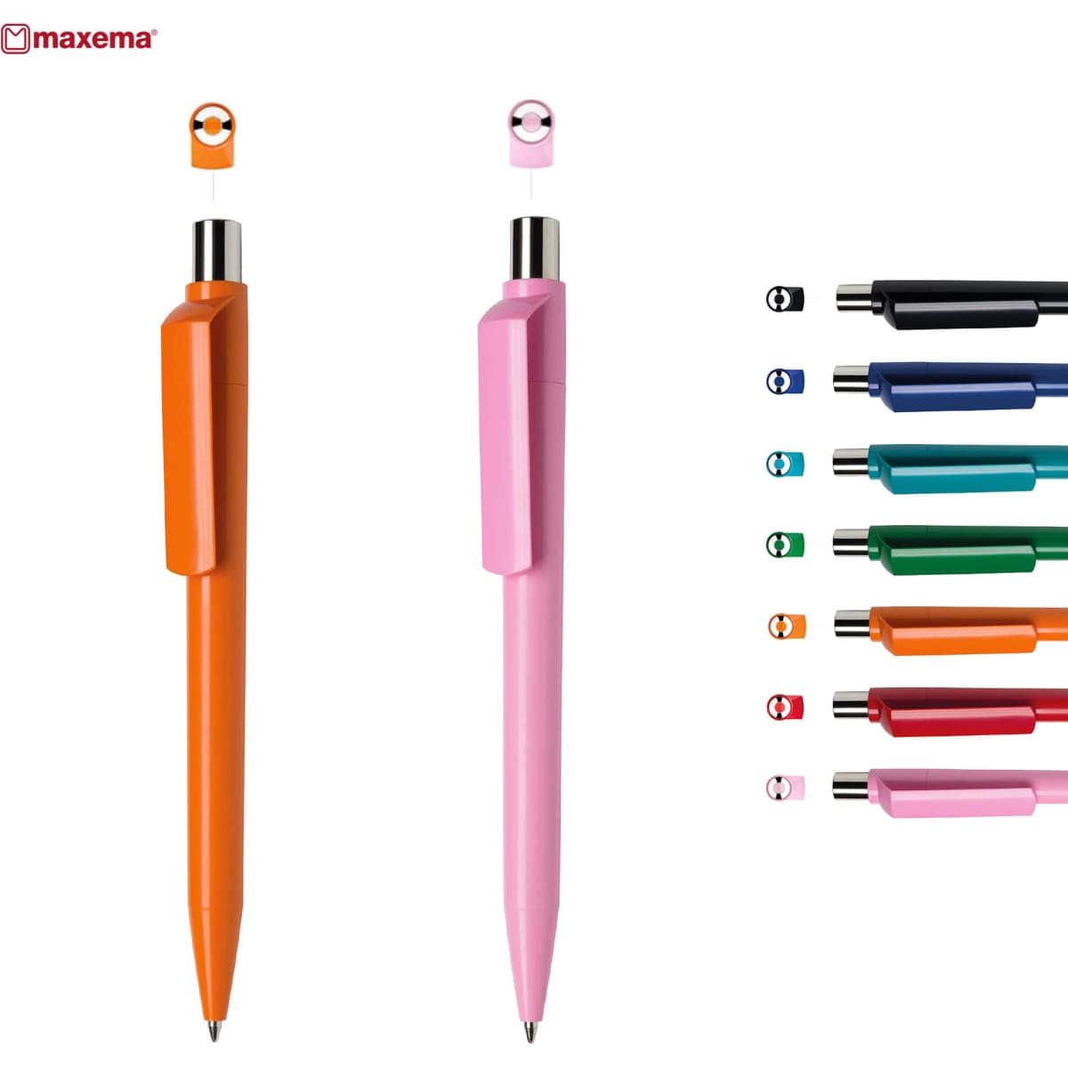 Two plastic pens in orange and pink, featuring a logo and available in various colours on the right.