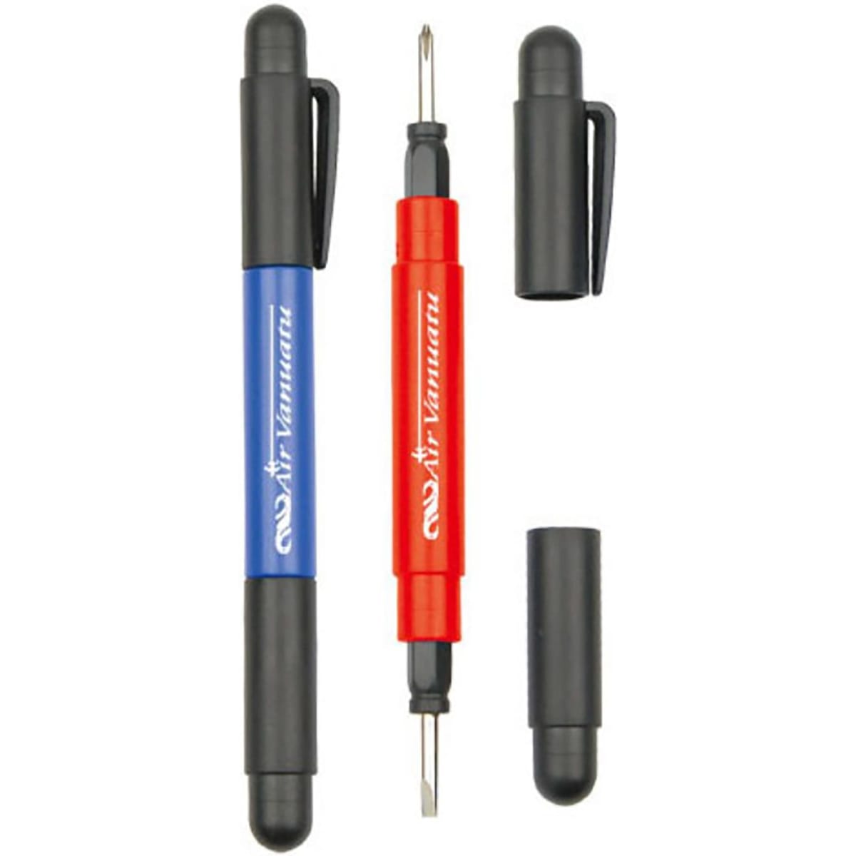 A tool set resembling pens in blue and red, featuring a screwdriver and removable caps. Includes a logo.