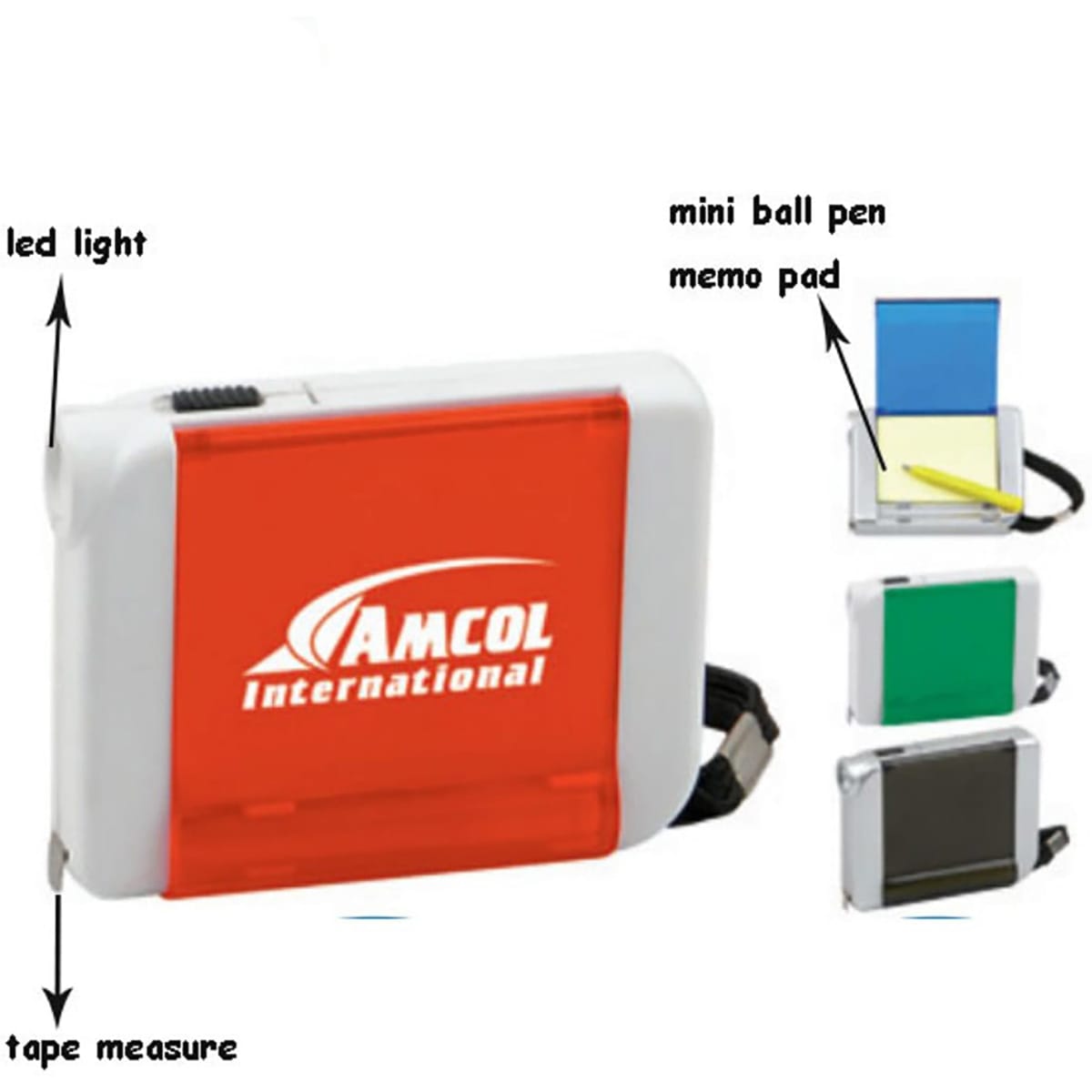 A tape measure with a red and white casing, featuring a mini ball pen and memo pad. It includes a logo and LED light.