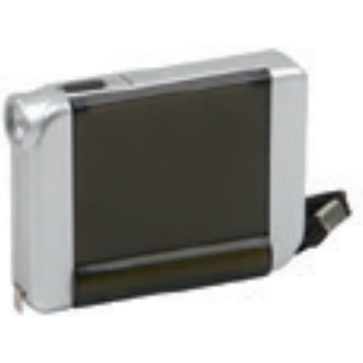 A silver and black tape measure with an integrated LED light, featuring a retractable measuring tape and a logo.