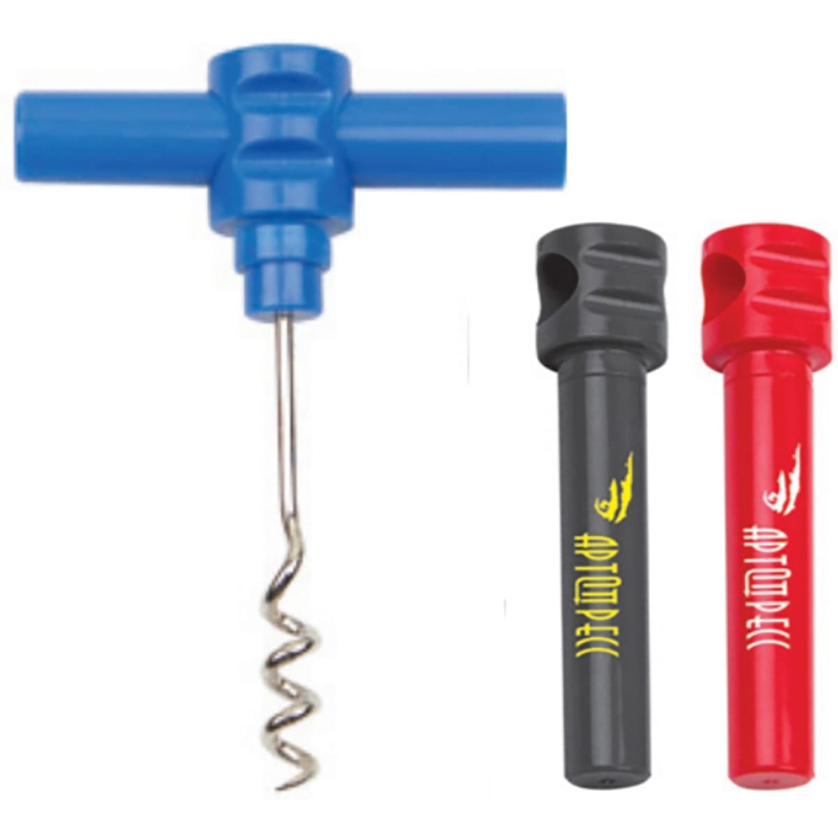 A drink bottle opener set featuring a blue corkscrew and two coloured handles in black and red, each with a logo.