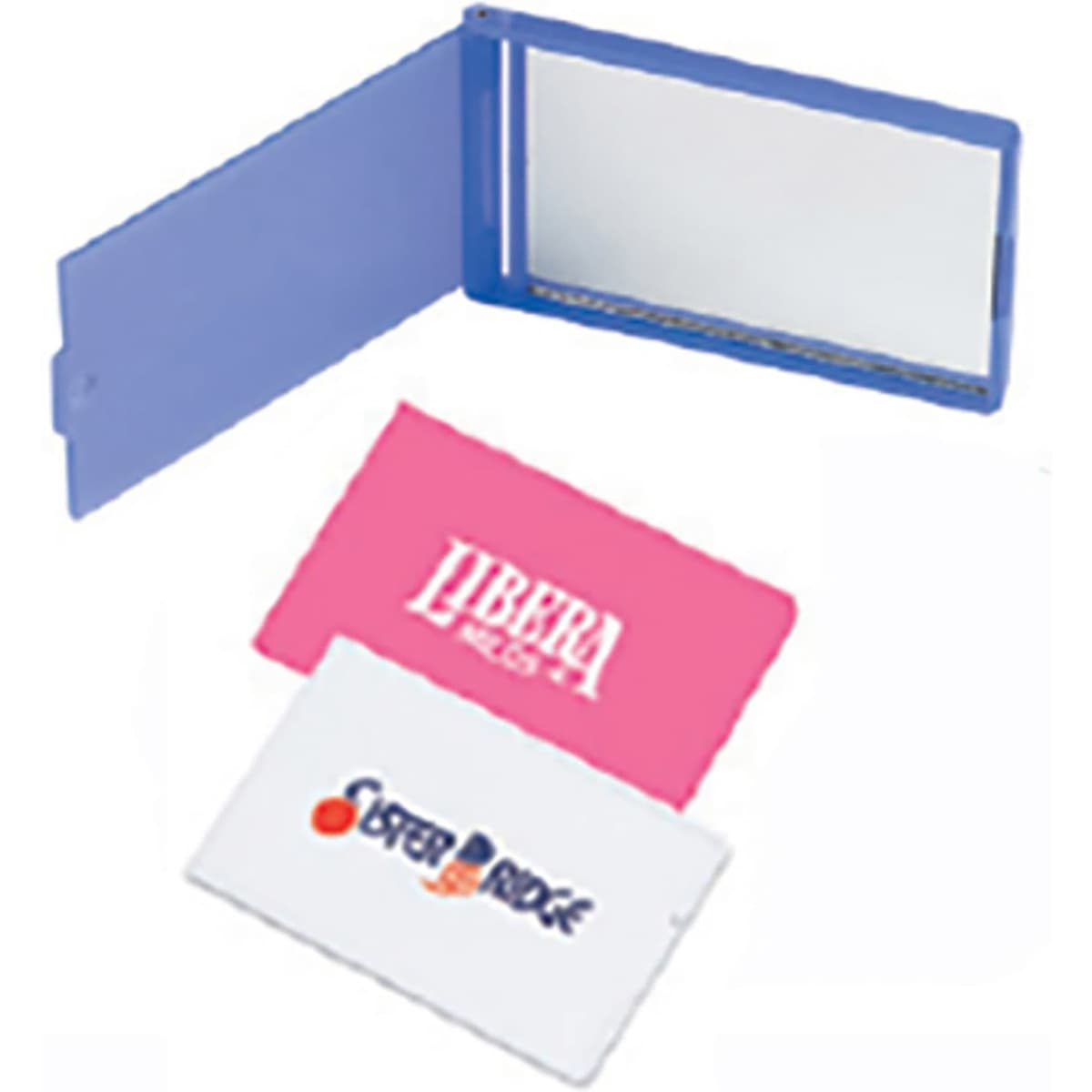 A mirror in a purple case, with a pink card and a white card featuring logos inside.