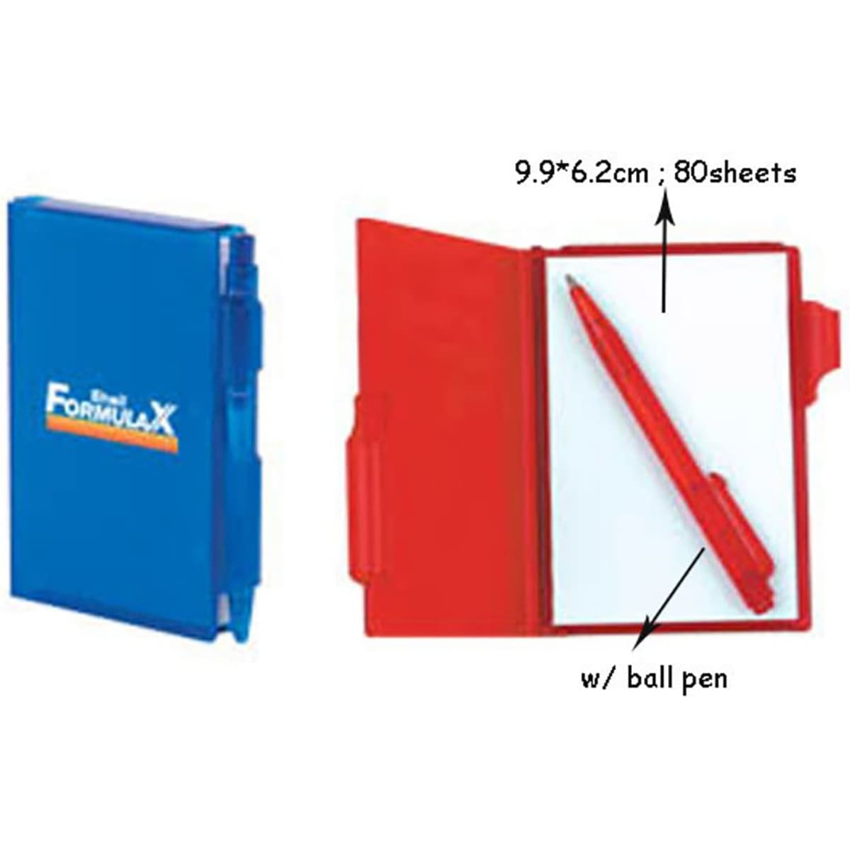 A blue and red memo holder containing 80 sheets and a ball pen, featuring a branding logo.