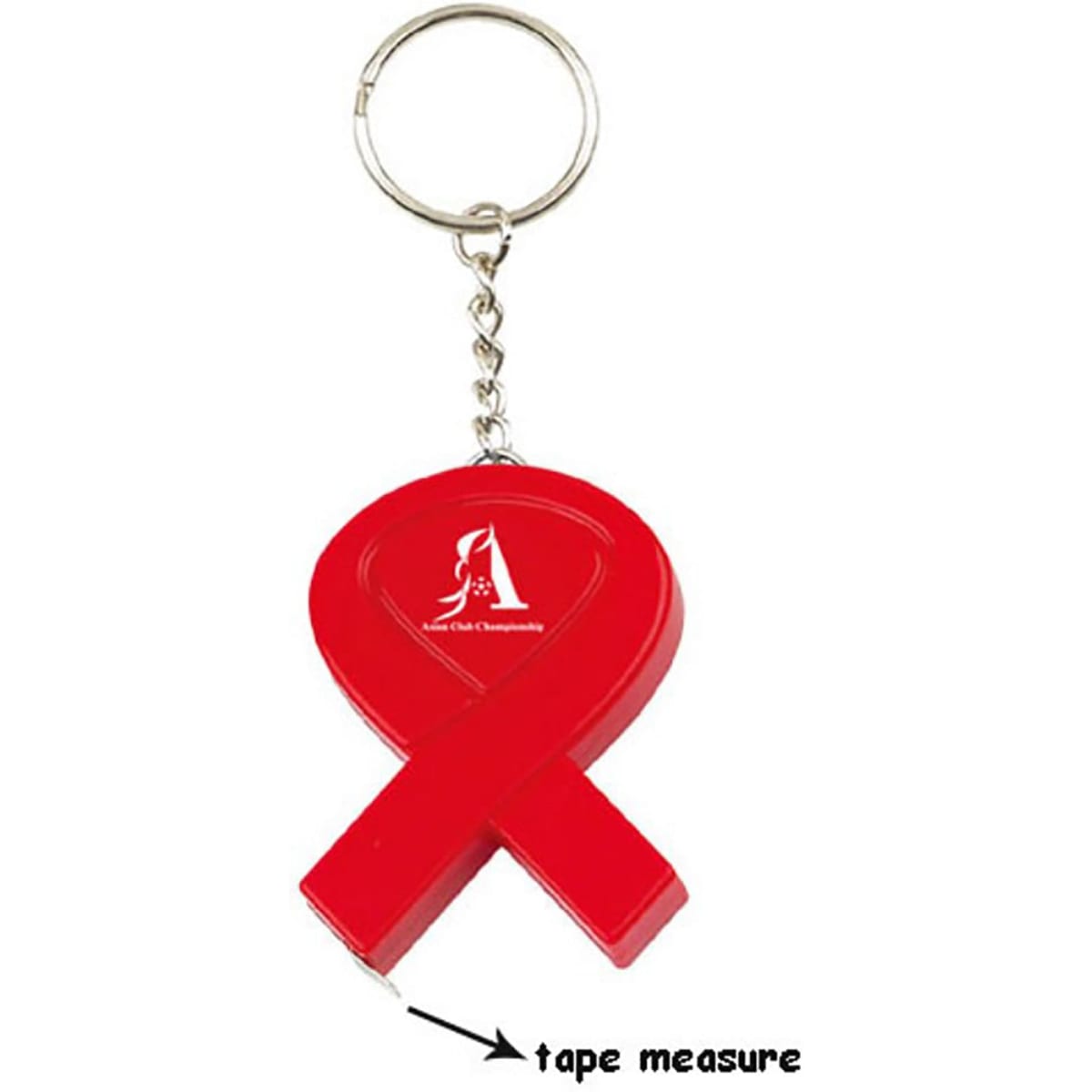 A red key tag in the shape of a ribbon featuring a tape measure attachment and a logo.