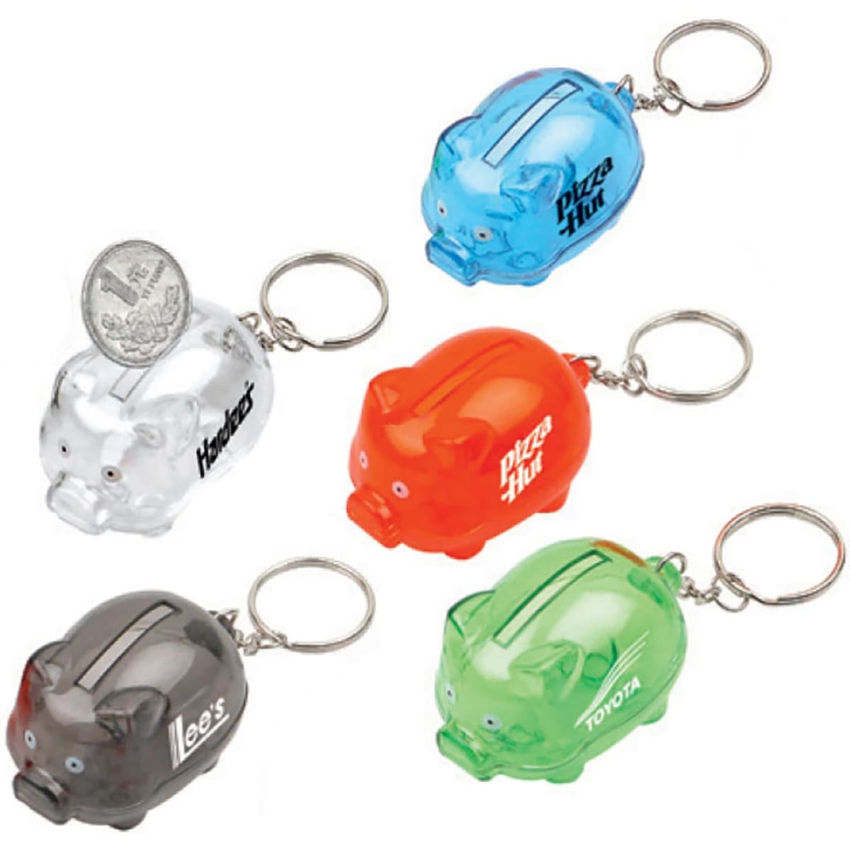 A set of mini piggy bank keyrings in clear, orange, green, and two opaque colours, featuring various logos.