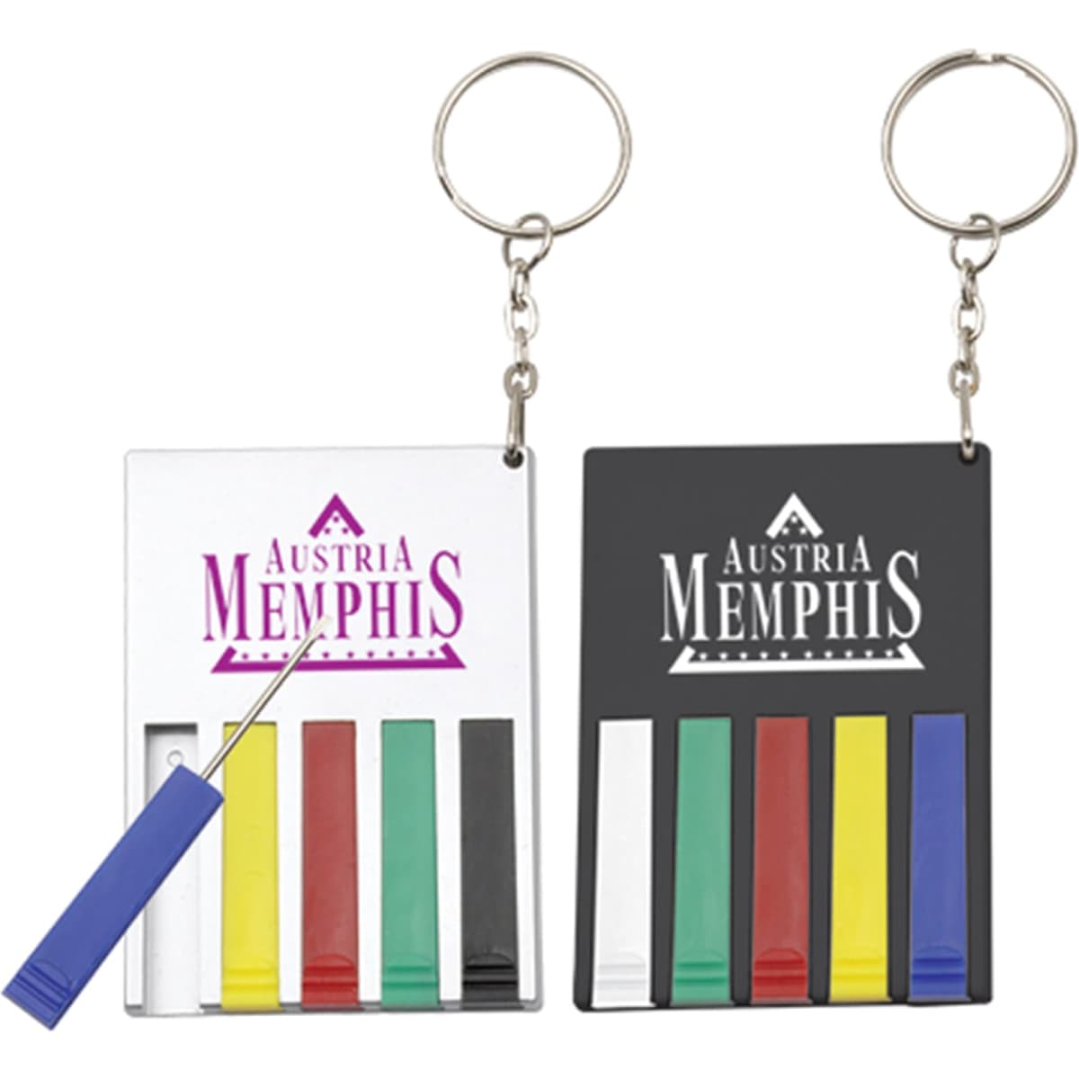 A tool set keyring featuring a white and a black casing, each with various coloured tools and a logo.