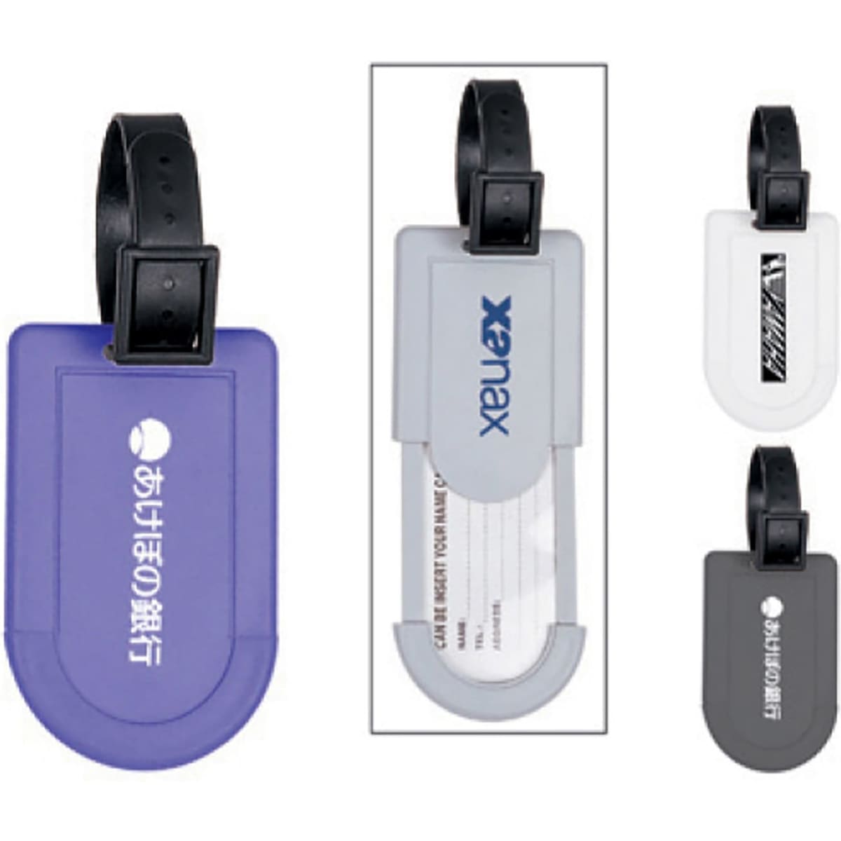 A set of luggage tags in purple, grey, and black, featuring a logo and a transparent section for identification cards.