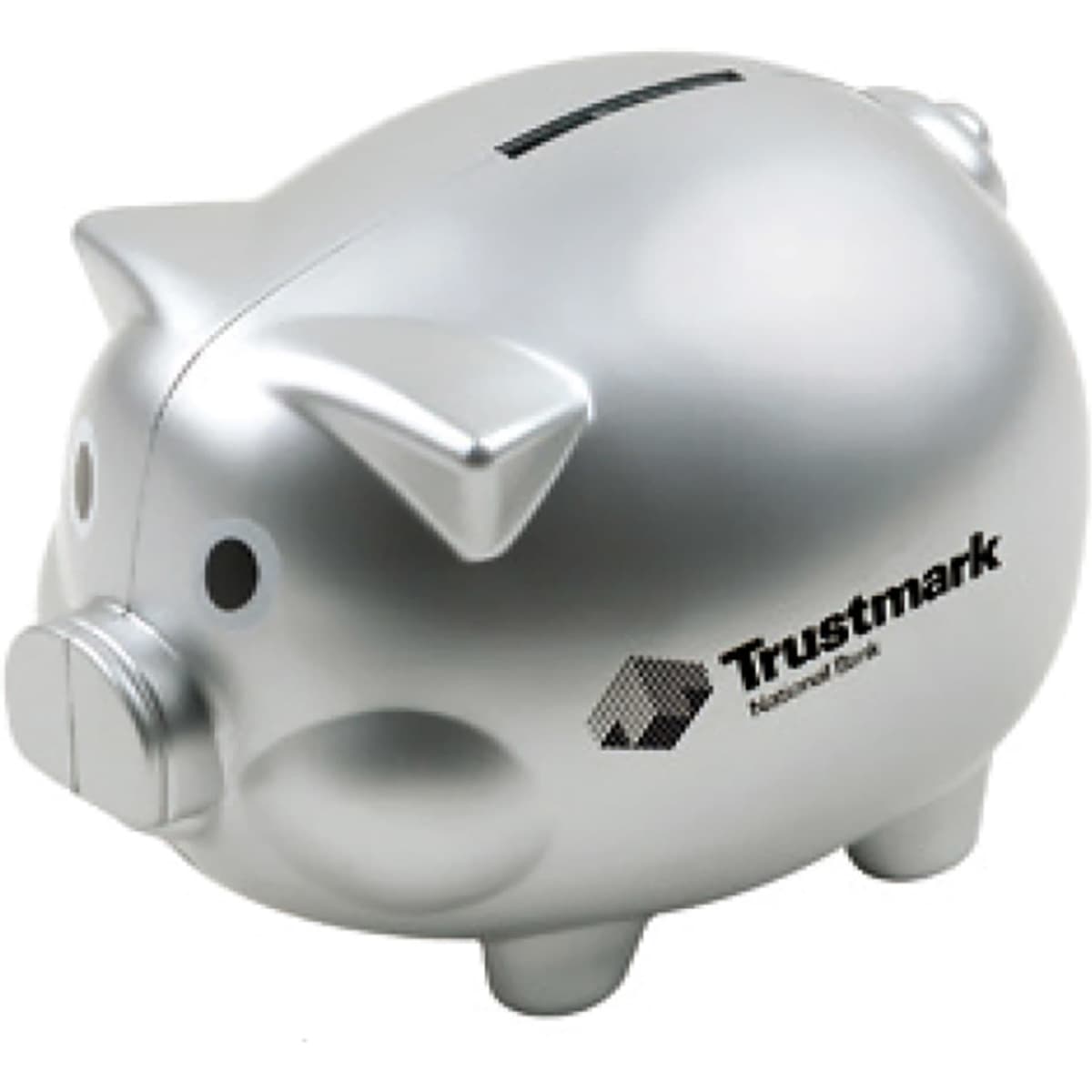 A silver pig-shaped coin bank with a slot for coins and a logo on the side.