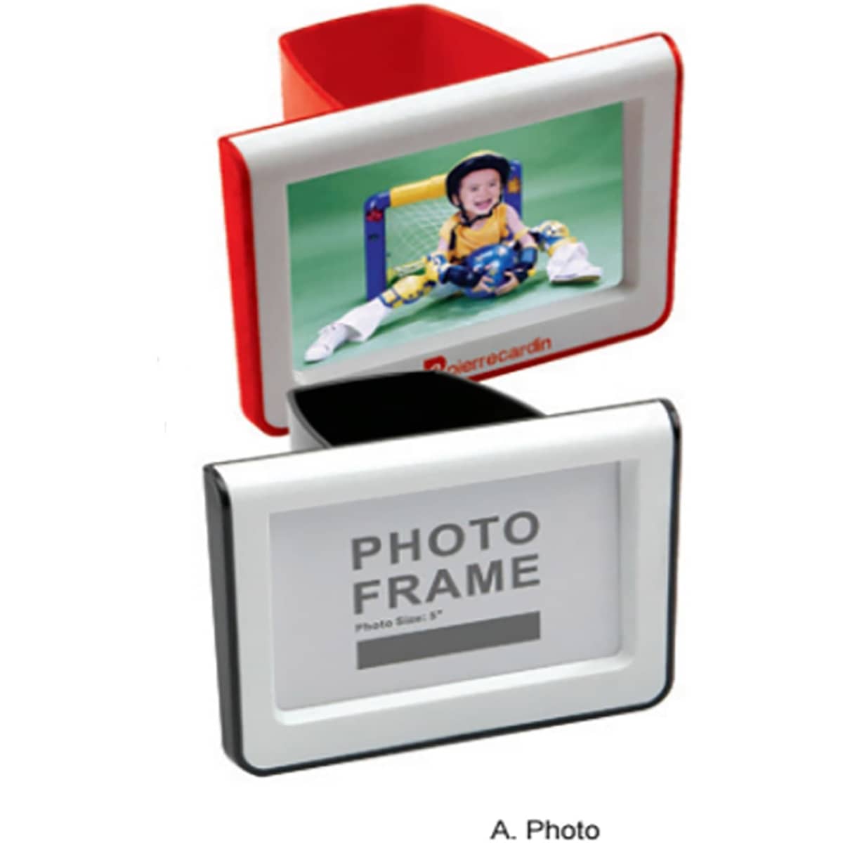 A pen holder with a photo frame design, featuring red and white colours, and space for a photograph.