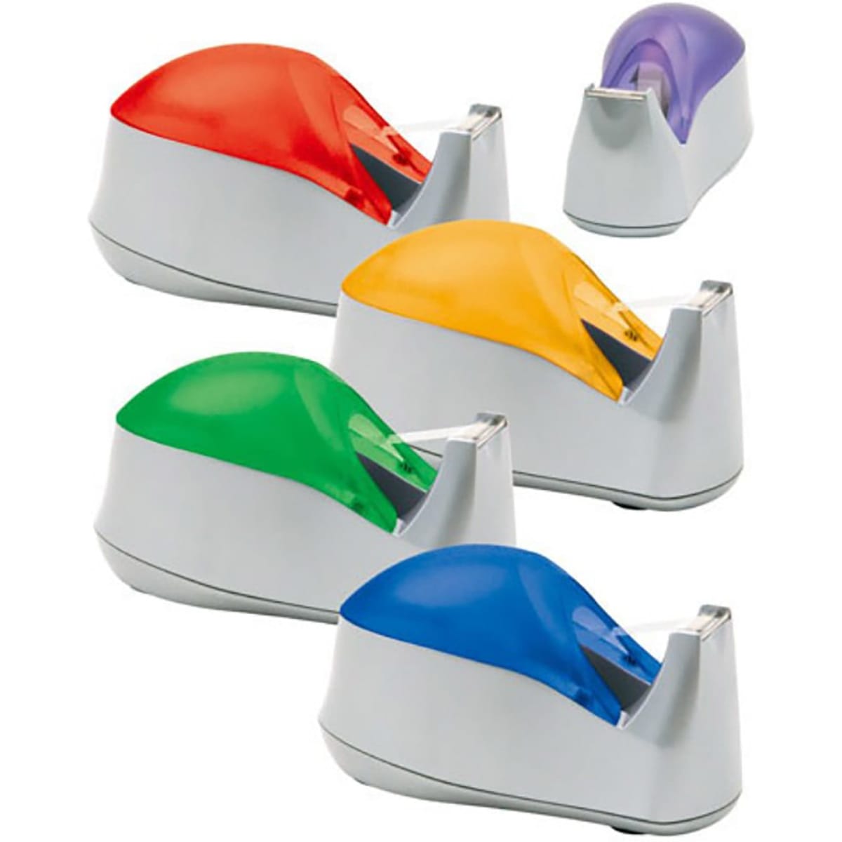 A collection of tape dispensers in red, orange, green, blue, and purple, with a white base and one smaller dispenser.