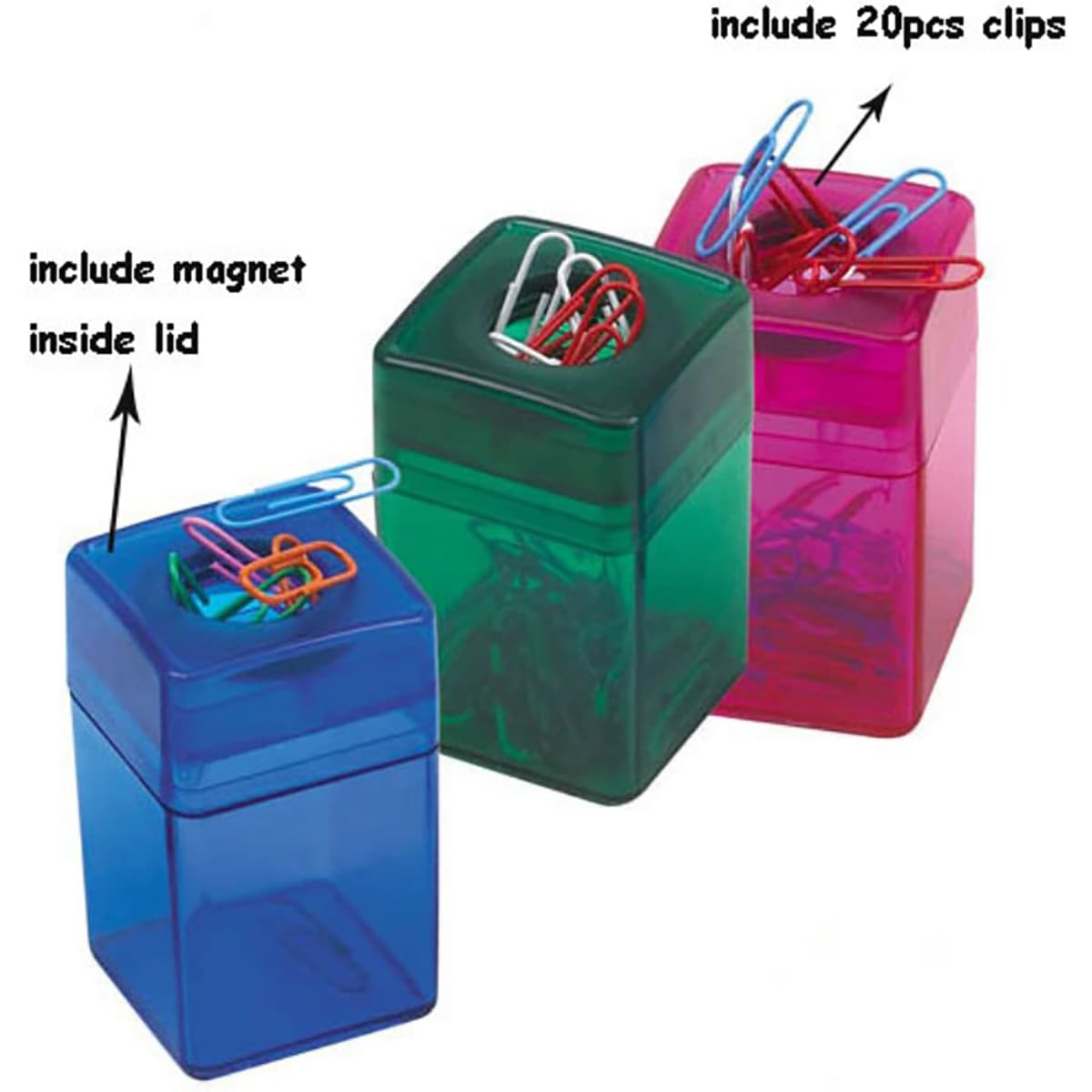 A set of three transparent clip dispensers in green, blue, and pink, each containing paper clips and a magnet inside.