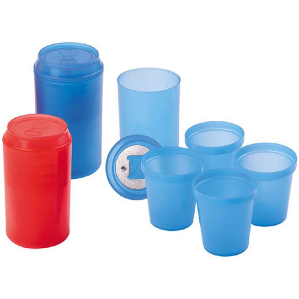 A drink bottle in red and blue with four smaller blue cups inside and a bottle opener on the lid.