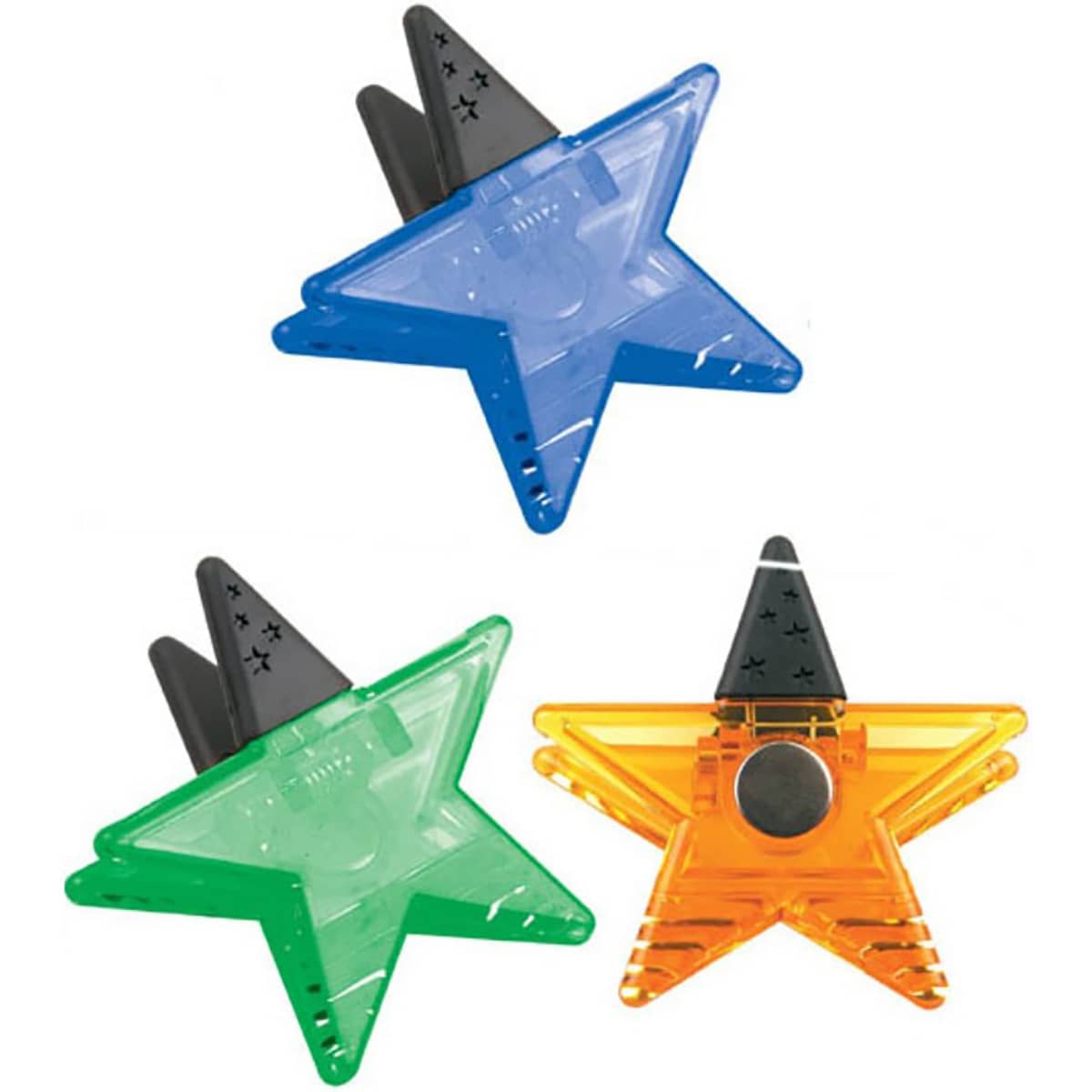 Three star-shaped clips in blue, green, and orange, each featuring a black handle and a logo.