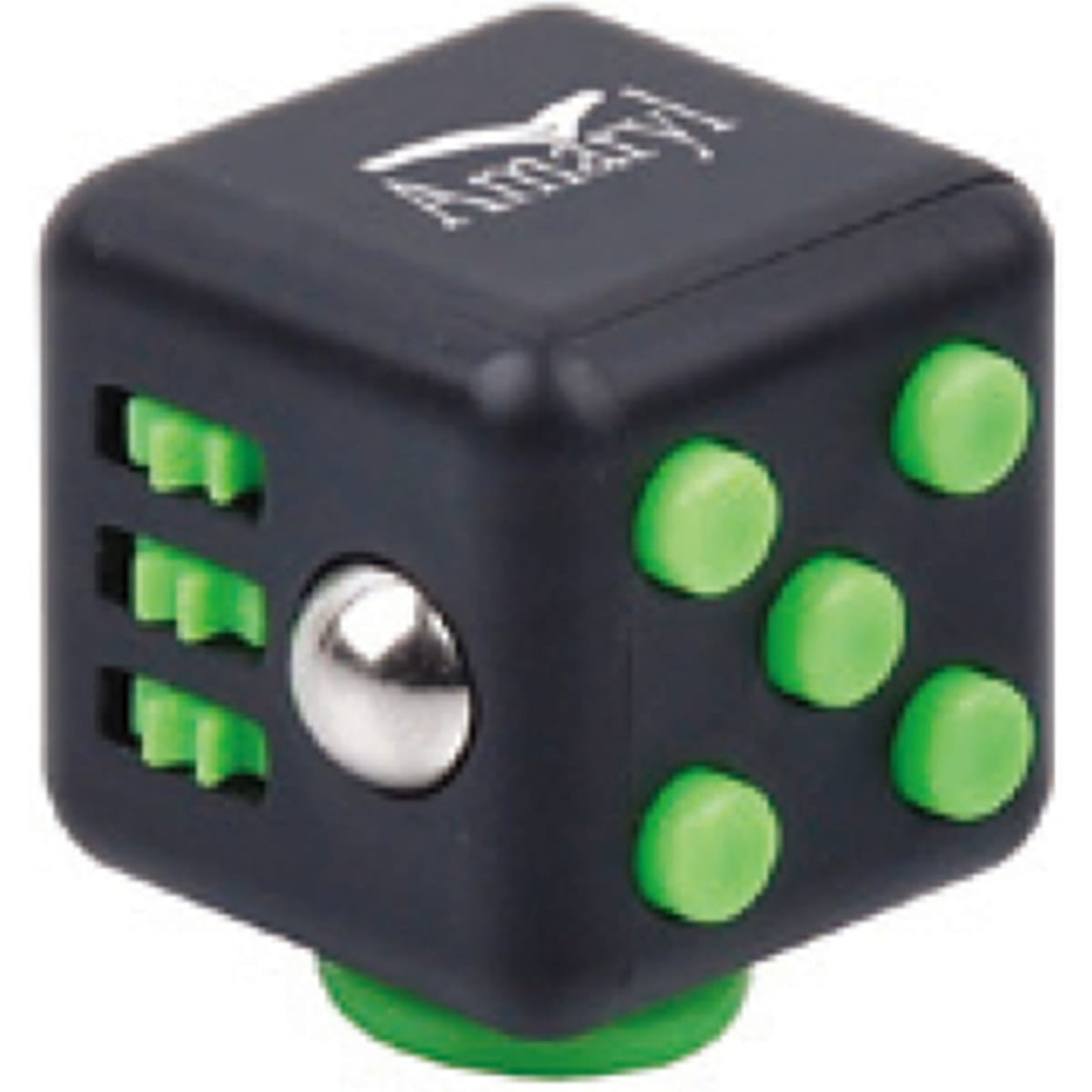 A black stress reliever cube featuring green buttons, a metallic ball, and a logo on one side.
