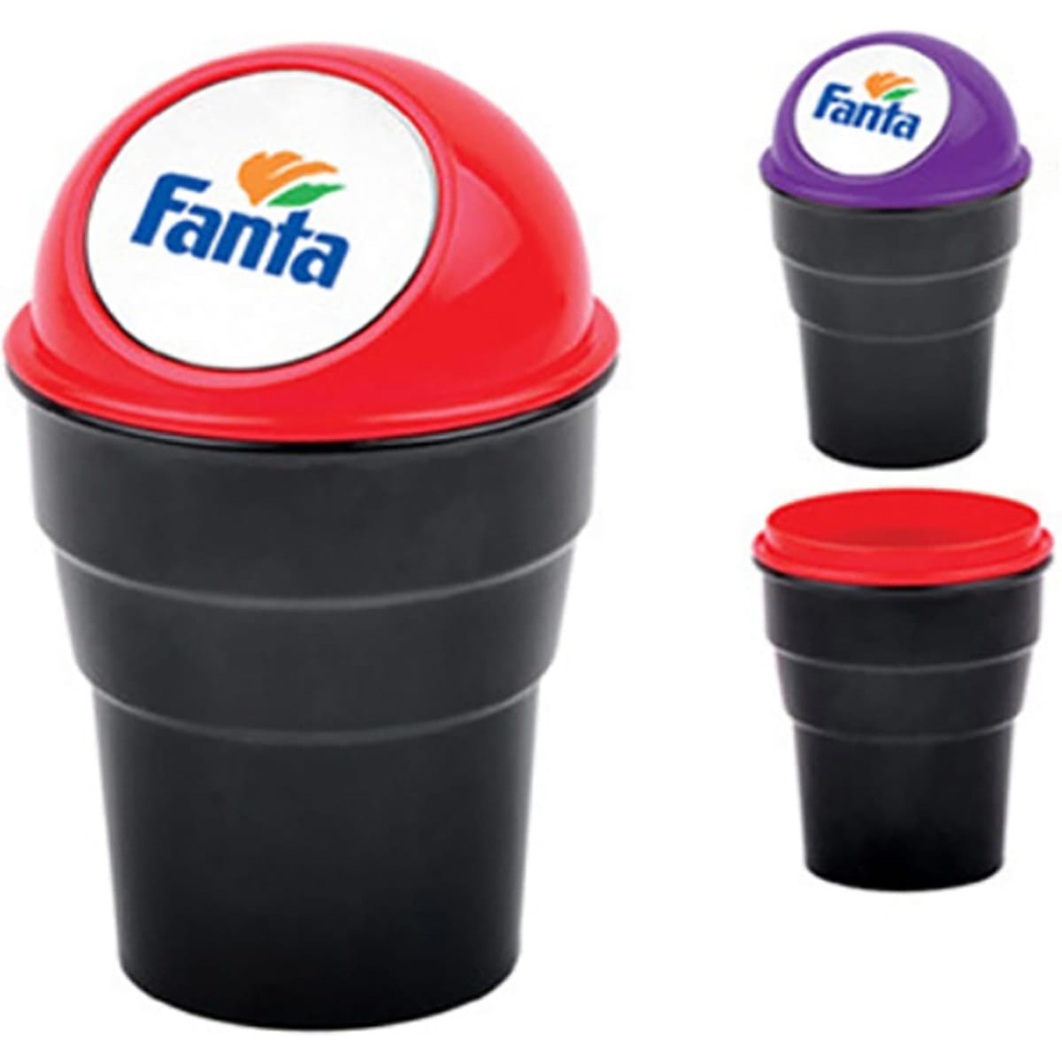 A black dustbin with a red and purple lid, featuring a logo. Ideal for car use.