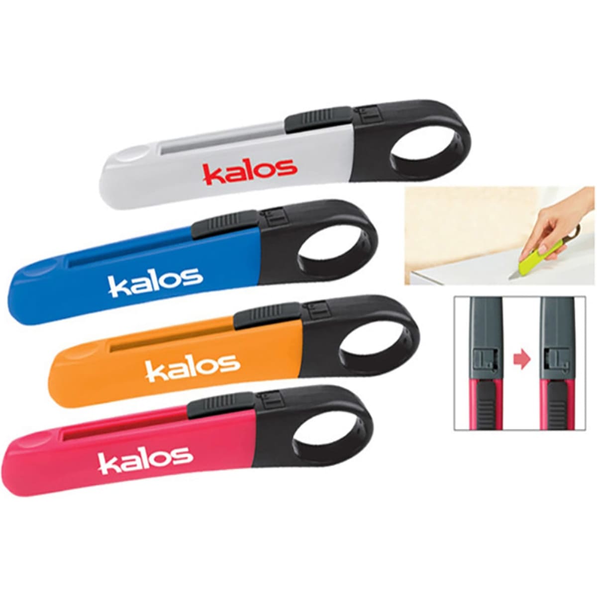 A set of letter openers in white, blue, orange, and pink, featuring a black handle and a logo.