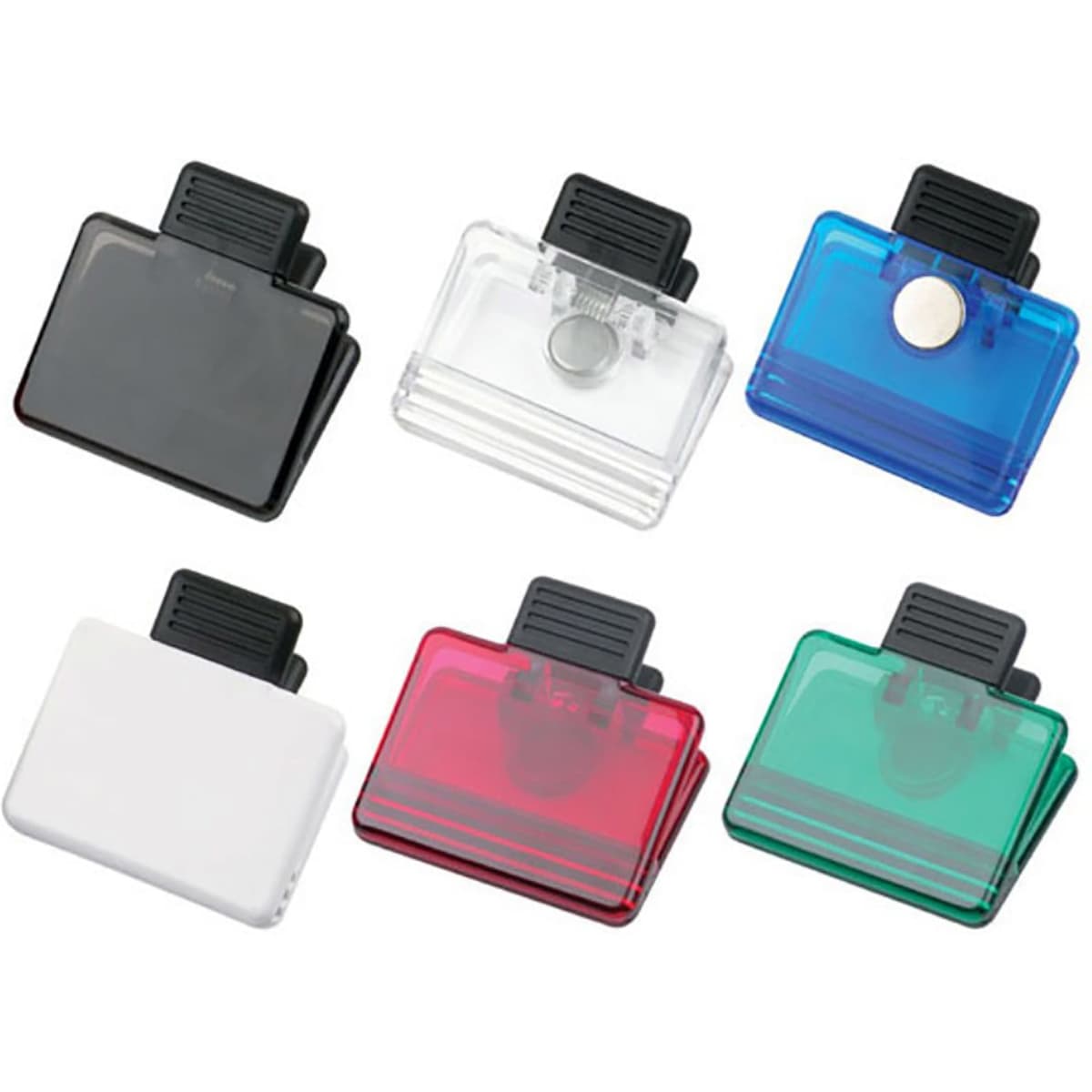 Square shape clips with magnets in black, clear, blue, red, white, and green. Each clip has a logo or branding.