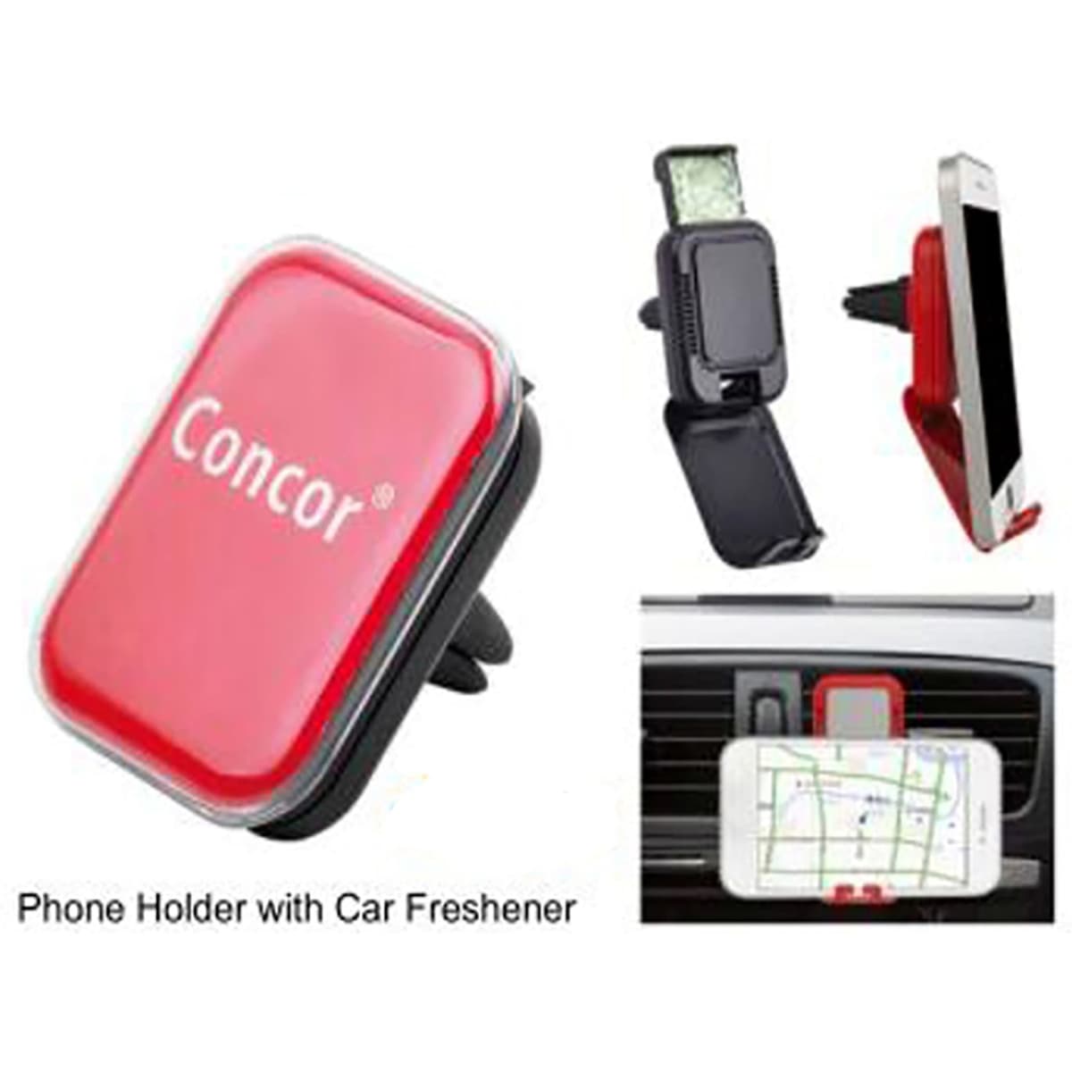 A red and black mobile holder with an air freshener, designed to secure a phone in a car. Includes a logo.