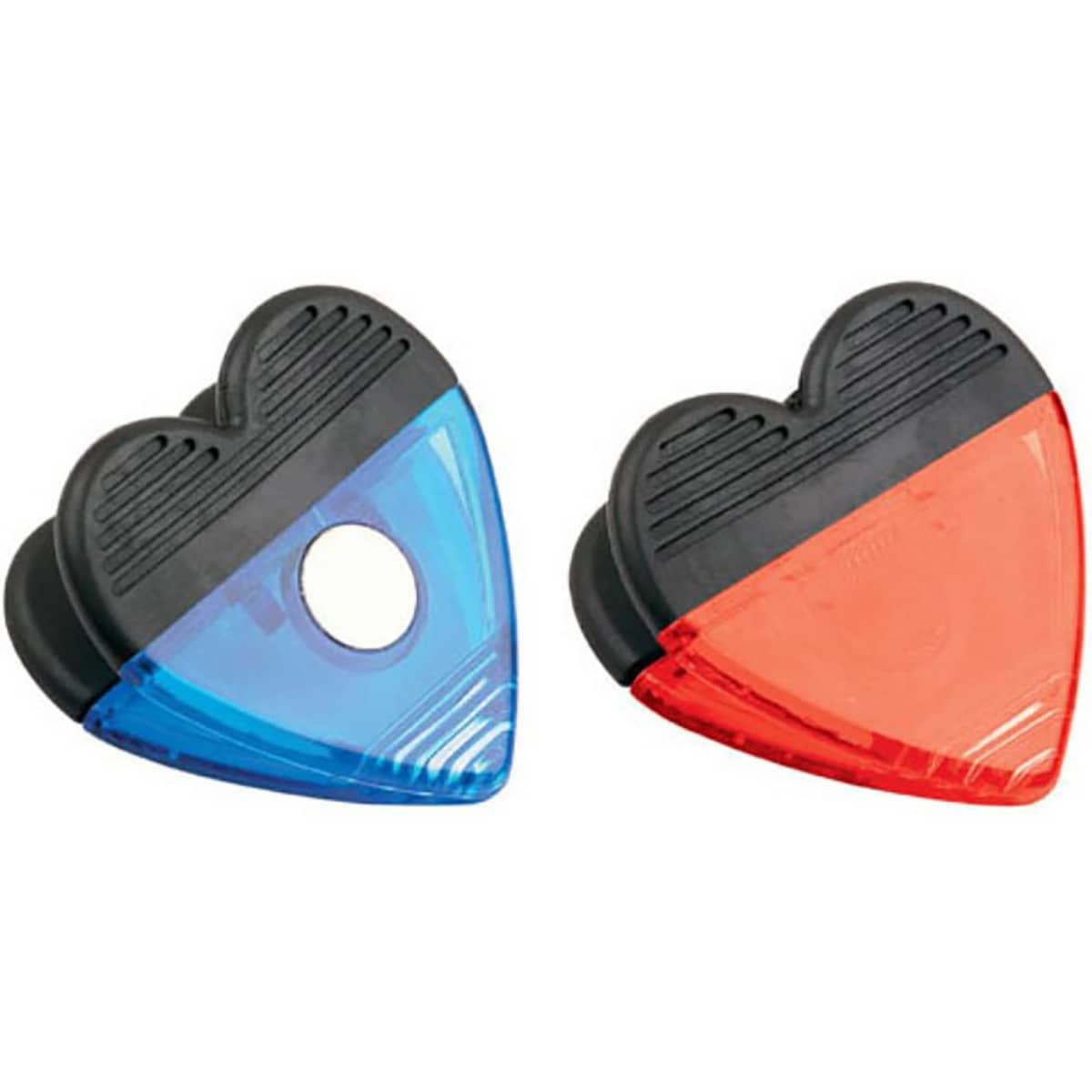 Heart-shaped clips with magnets, featuring blue and red sides, designed for office use. Each clip has a logo.