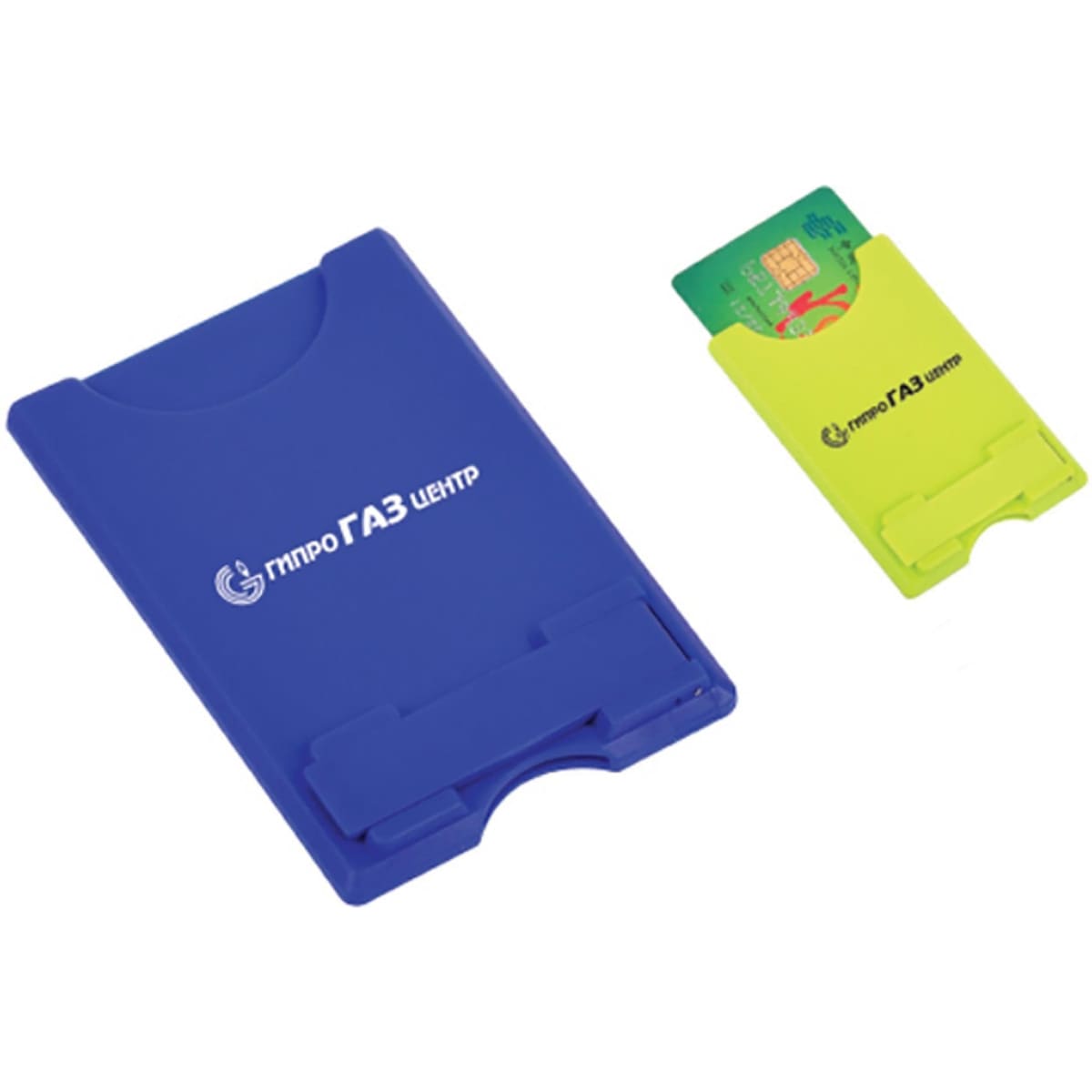 A blue mobile stand and card holder, accompanied by a green card holder, both featuring a logo.